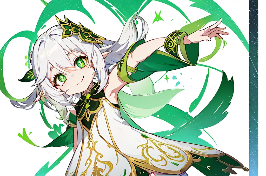 2D, cartoon
The girl, nahida \(Genshin Impact\), Original, whitedress, white colored hair, bend down, Appeal to the viewer, (scared expression, Smile:1.4), Open your palms, 5fingers, Detailed arm, Four-pointed star-pupils green eyes, sheet,