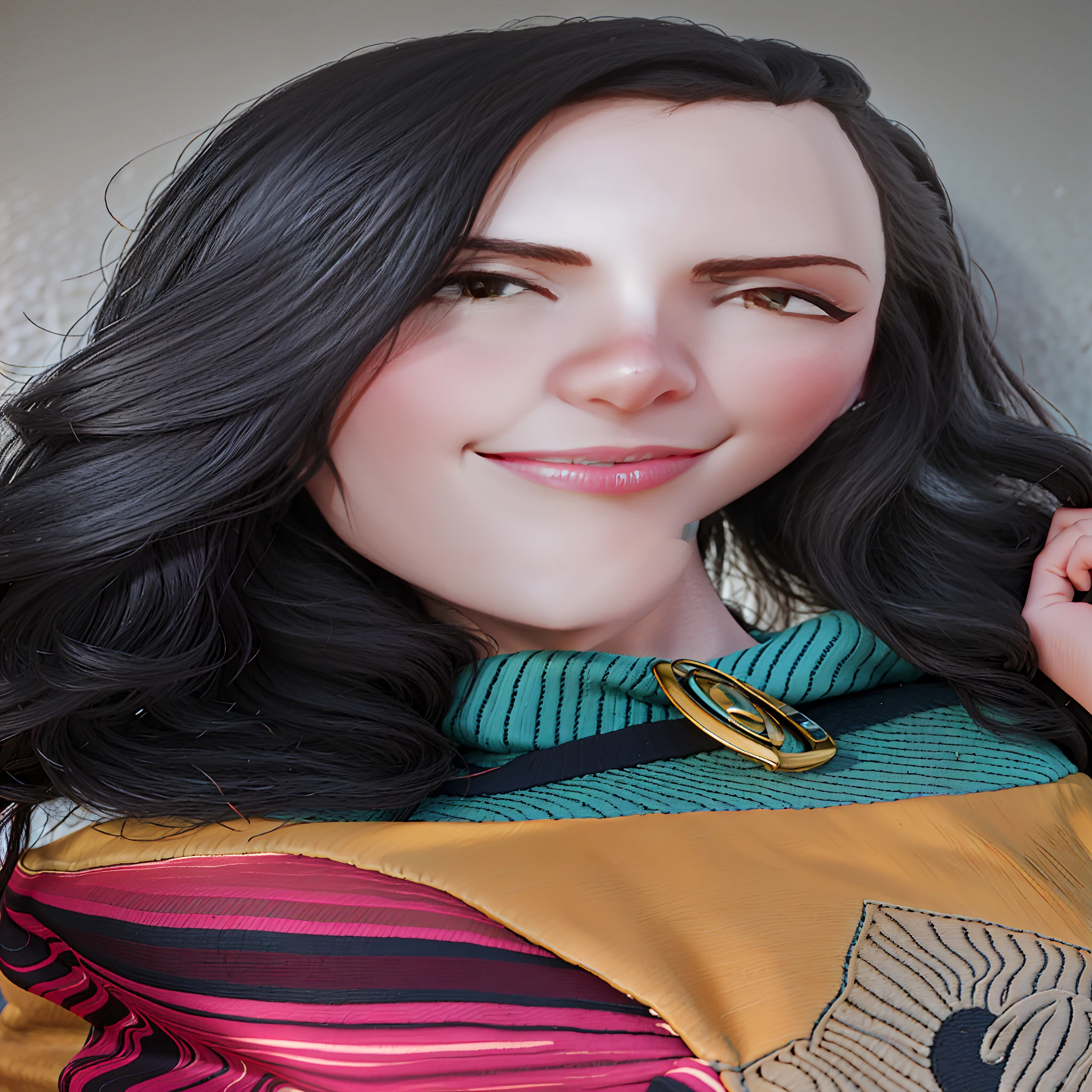 Beautiful Brazilian woman sitting and drinking coffee outside on the side of the street in a small café, beautiful face, Short black hair down to the nape of her neck with brown eyes and heavy eyeshadow, Wearing jeans and a black polo shirt, grande estilo de moda, looking at you with loving eyes and a soft smile, Background is a European city of the city center, fundo desfocado, profundidade de campo rasa, Cinematic light, luz suave, retroiluminado, micro-detalhes, renderizado, fotorrealista, cinemactic, 85mm 1.4