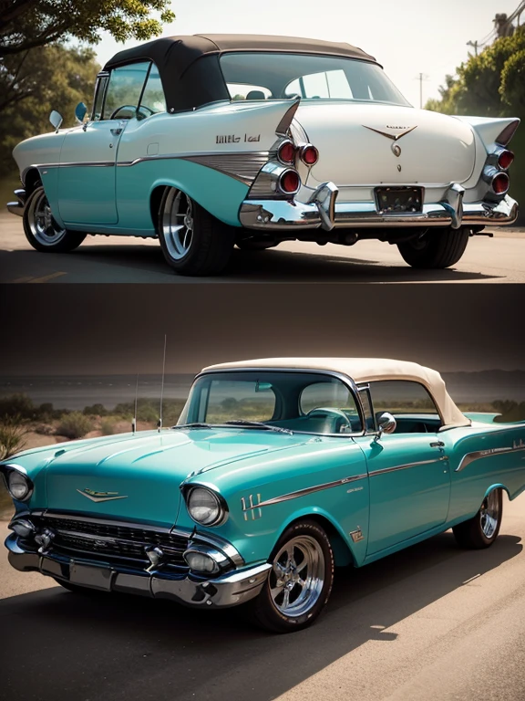 Full side photo of a 1959 Chevrolet Bel Air convertible, MODIFICADO, ESTILO HOT ROD, RODA ESTRELA, RODA LARGA, RODA ENORME, TRUCK WHEEL, SWIVEL AS WIDE AS POSSIBLE, cor: portanto: metalic, Headlights on, VIDROS ESCUROS, DETALHES EM COR DOURADO, FRISOS EM COR DOURADA, TETO SOLAR, ESCAPAMENTOS LATERAIS, FIRE DESIGN ON THE FRONT HOOD. The photo is diagonal, various poses