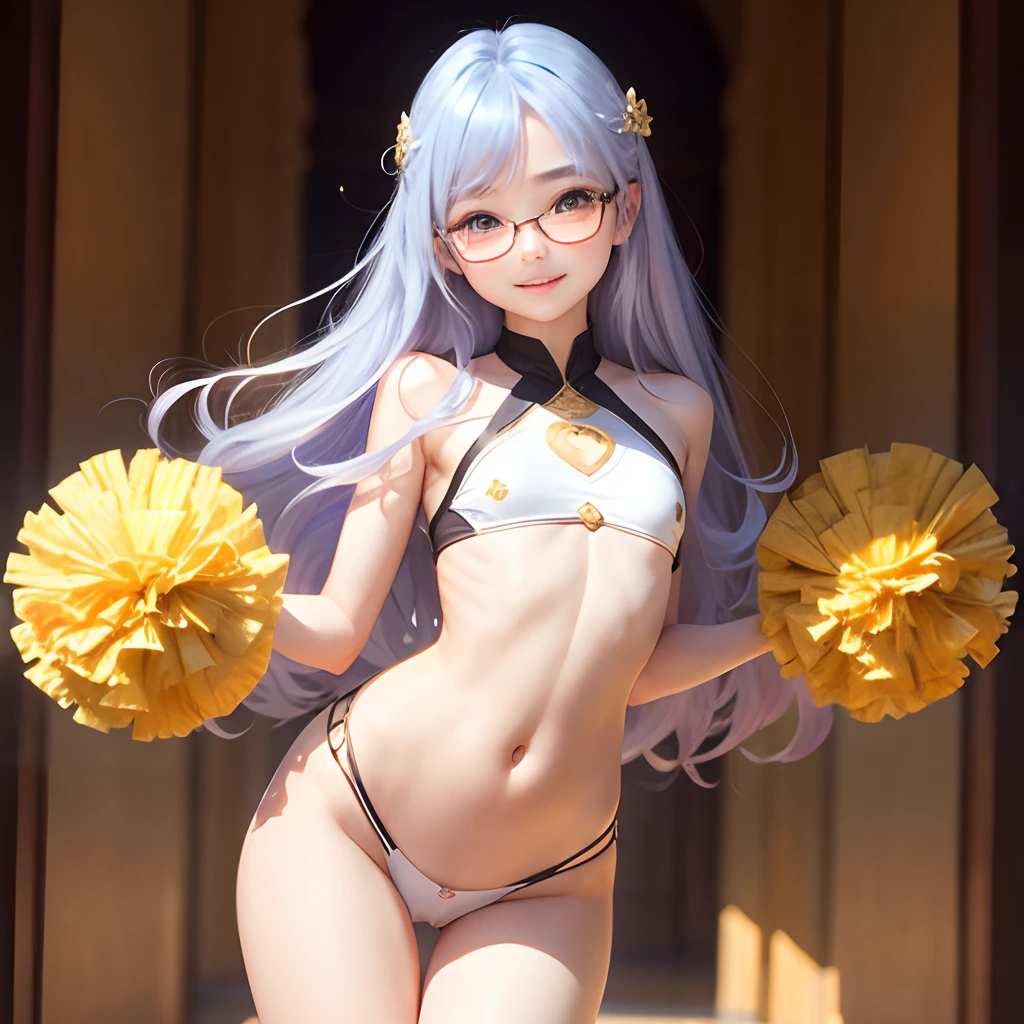Transparent hair、Golden Eyes、eye glasses、ssmile、Daughter in her early s、flat chest、Thin pubic hair、Beautiful open legs、Cheer Dance