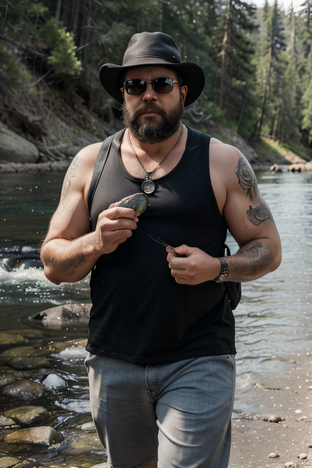 Black hat, sunglasses, black beard, slightly overweight, 40s, small necklace, black short sleeves, tattoo on right hand, fish in right hand, salmon, good mark in left hand, carrying a backpack, muscles, river , Canadian, white man, holding a fish, fish in his right hand,