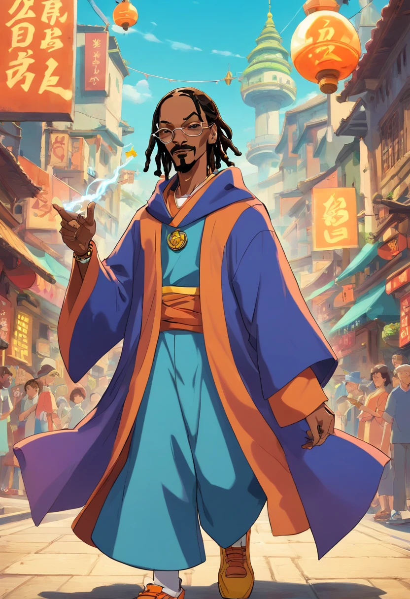 cartoon epic anime of snoop dogg as a mage, animation still screencap, style of jet set radio