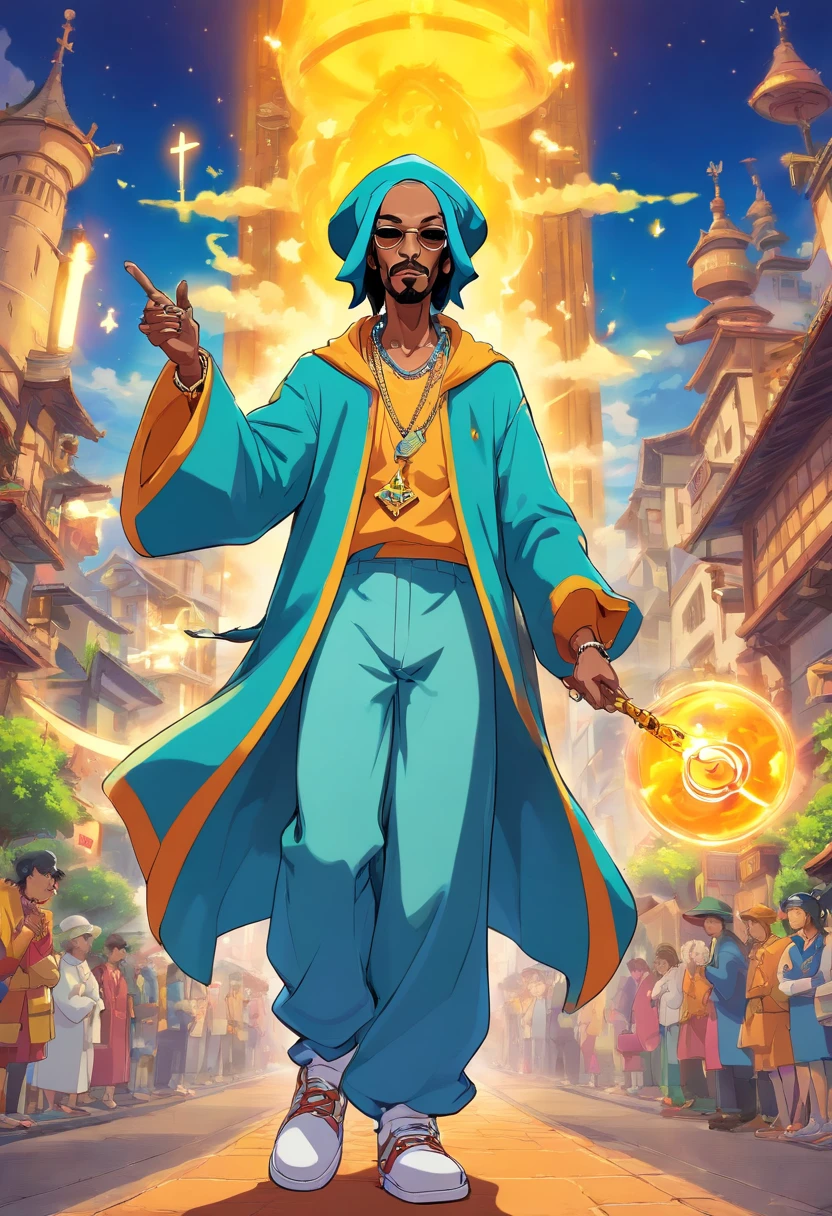 cartoon epic anime of snoop dogg as a mage, animation still screencap, style of jet set radio