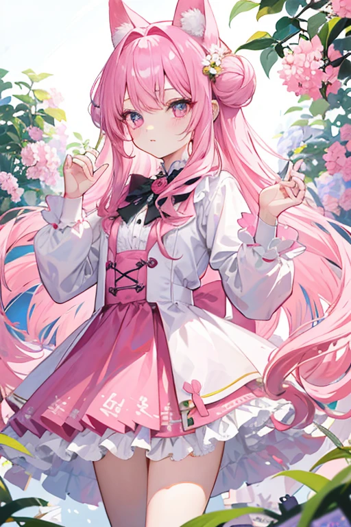 Girl vs.、独奏、Long hair loose and fluffy、Rabbitears,Pink-haired、Double tails、Flower Garden、There are a lot of flowers in the background、high quality image、Pink Antique Suits,short pink skirt、Sweet girl、big eyes, Like a puppy、Eyes of Uluru、Her eyes sparkled、Dynamic poses、