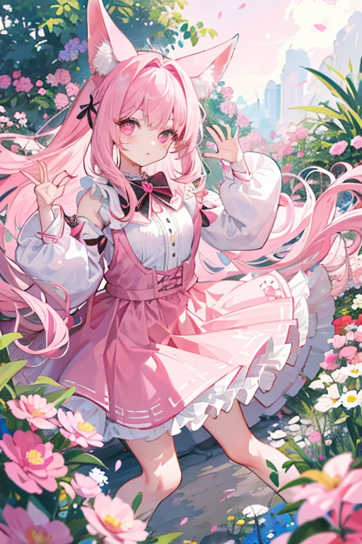Girl vs.、独奏、Long hair loose and fluffy、Rabbitears,Pink-haired、Double tails、Flower Garden、There are a lot of flowers in the background、high quality image、Pink Antique Suits,short pink skirt、Sweet girl、big eyes, Like a puppy、Eyes of Uluru、Her eyes sparkled、Dynamic poses、