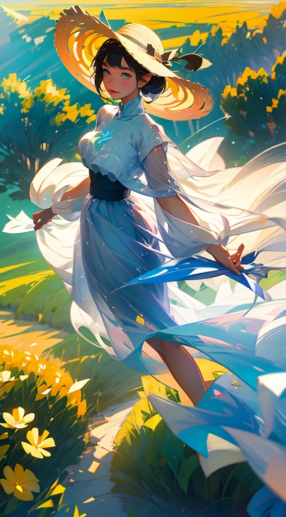 A ager with a straw hat runs in a wheat field,in a panoramic view,large clouds、blue-sky、Rice fields,There are neat rice seedlings in the field,ln the forest,hillside,Quiet,rustic,high definition detail、hyper-detailing、cinematic ligh、ultra-realistic realism、Soft light、Deep field focus bokeh、Ray tracing and surrealism。 --v6