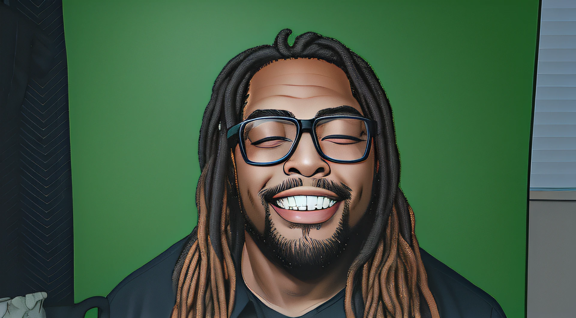 there is a man with dreadlocks and glasses smiling for the camera, looking straight to camera, a black man with long curly hair, eye level shot, closed eyes, scenic full shot, devilish smirk, vampire fangs, looking to the side, headshot photo