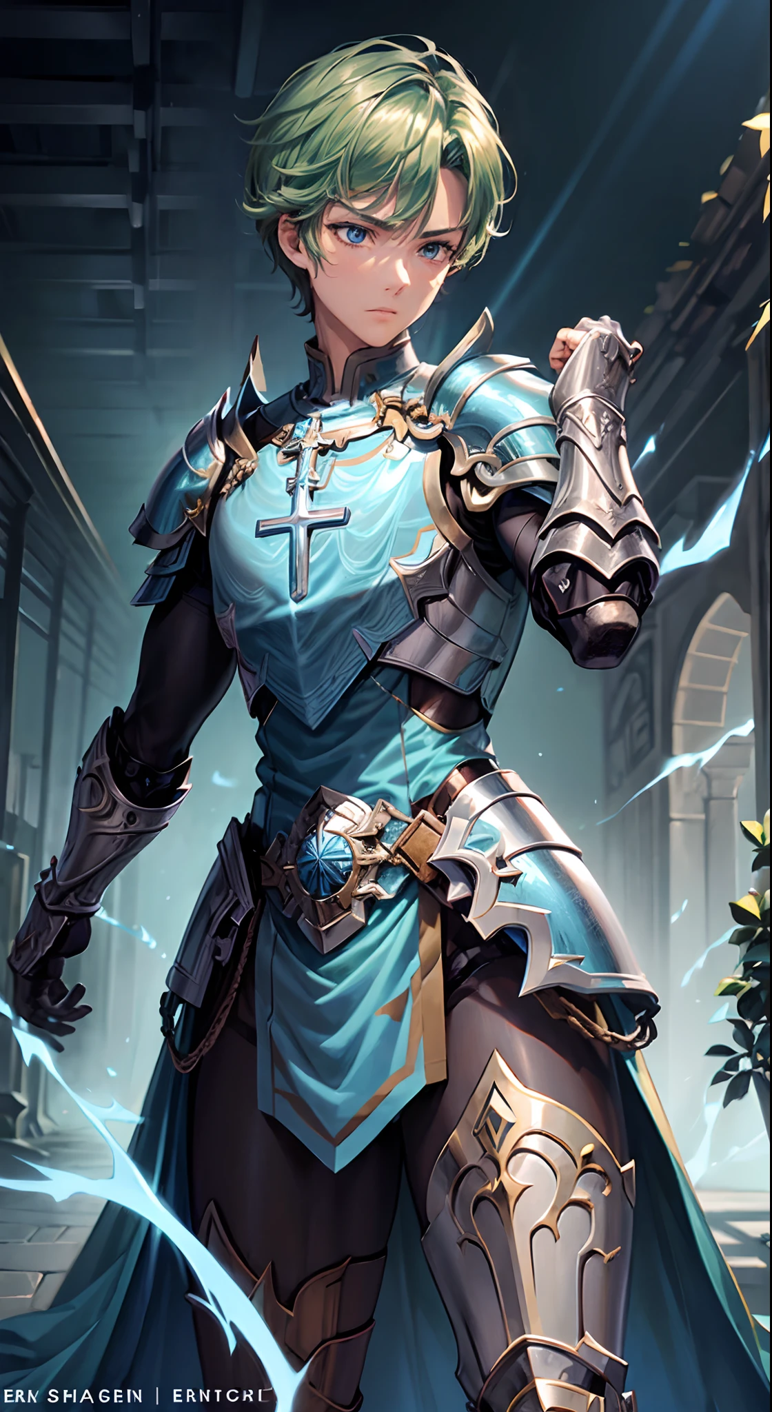 best quality, masterpiece, 1boy, 1man, human, paladin warrior, ([light blue color|deep green color:0.85] short hair), red eyes, (detailed face, detailed eyes), looking to camera, full body, upper body, light armor, illustration, temple background, vibrant colors, sharp focus, powerful presence, luminous lighting, mythical atmosphere, (cross-body stretch:1.5)