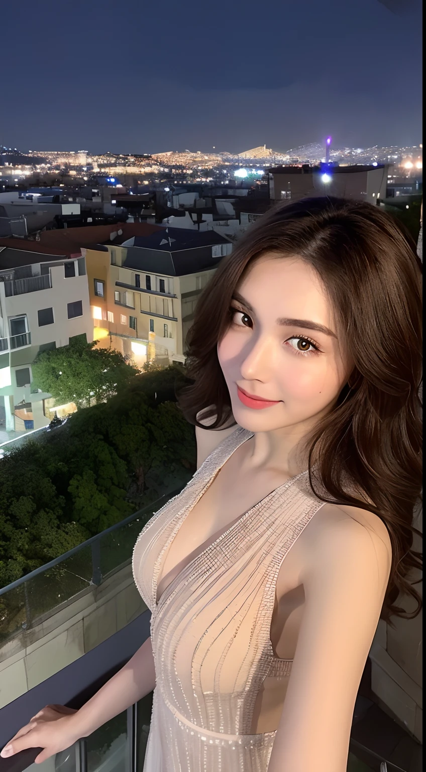 ((Best quality, 8k, Masterpiece: 1.3)), Selfie, Sharp focus: 1.2, Cute beautiful woman kiara advani with perfect body: 1.4, Slim big breasts: 1.2, ((Brown hair dark, Big breasts: 1.2)) , (small transparent dress, half naked, highly detailed breasts, Happy expression, Standing: 1.2), ((Night view of the city with rain, Balcony simple: 1.3 making with the female being the main focus)), Highly detailed face and skin texture, Detailed eyes, Double eyelid