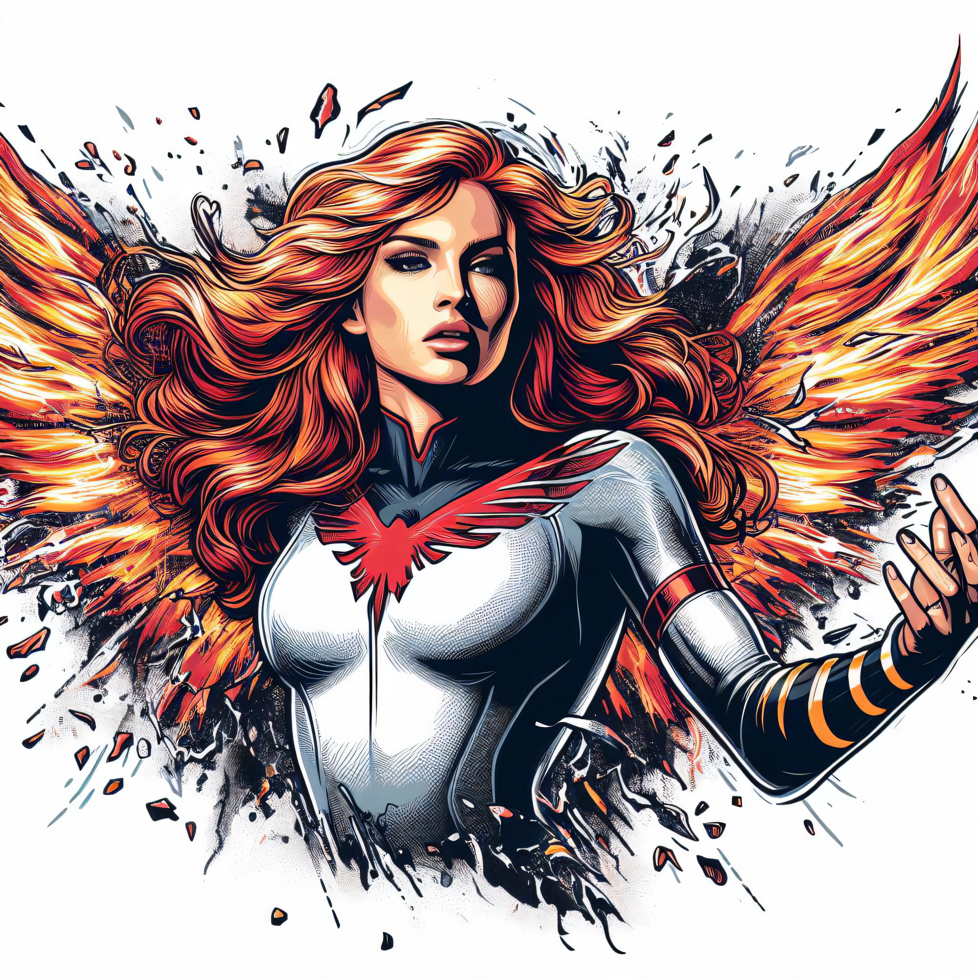 A closeup of a woman with a firebird on her arm, a dark phoenix, sem texto, phoenix-inspired, jean cinza, artwork of a phoenix, phoenix warrior, Retrato de Jean Grey, Retrato de corpo inteiro de Jean Grey, ''wallpaper of a phoenix, phoenix, she has the head of a phoenix, Arte de Alessandro Pautasso, Directed by: Eddie Mendoza