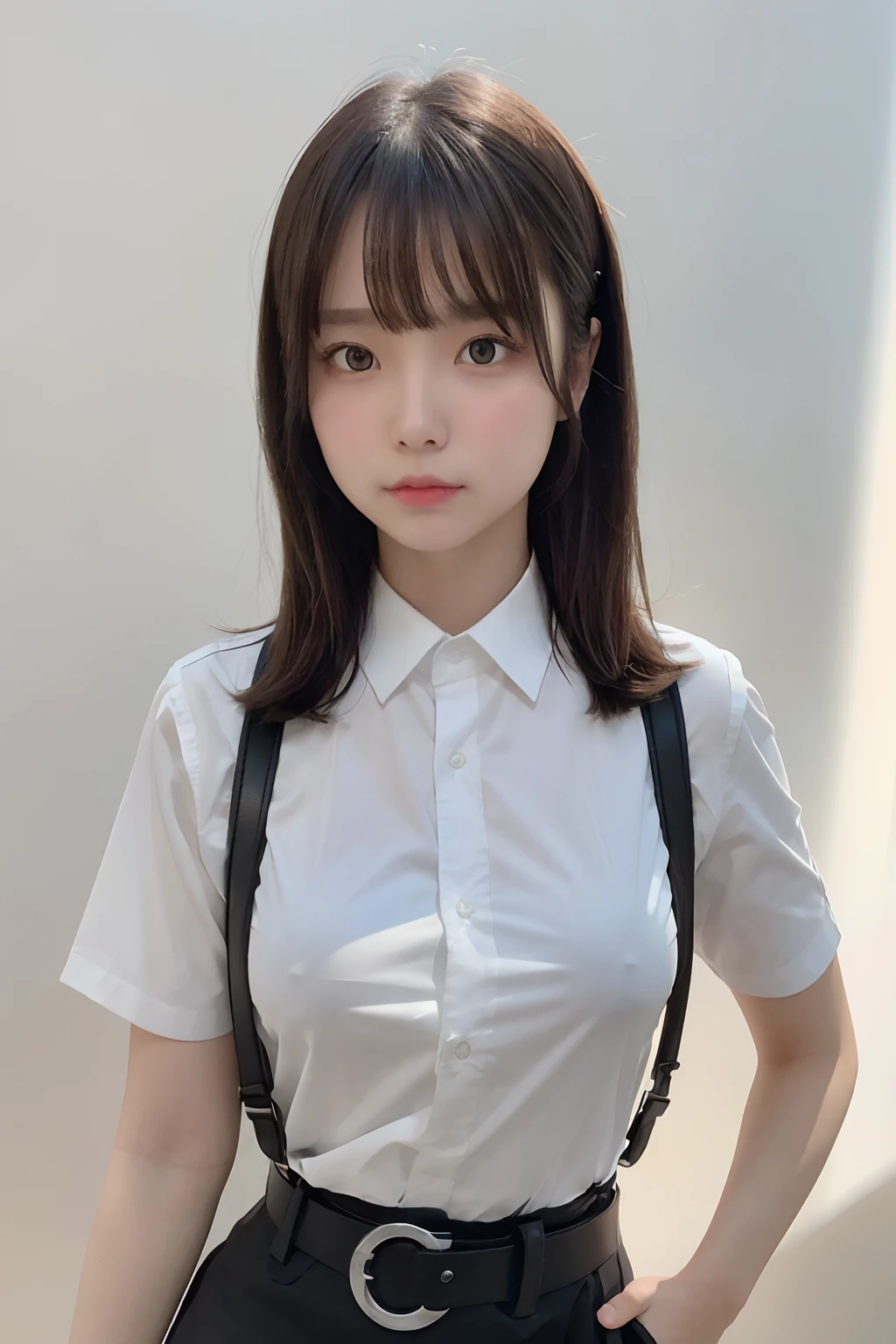 masterpiece、flat-colors、depth of fields、lens flare 1 girl、、Brown hair、watching at viewers black suspenders bulging big breasts Armpit sweat perspiring Side of both hands walls: Black miniskirt garterbelts Gaze Small face Bangs Upper Eyes flank Rat-colored eyes holster a belt