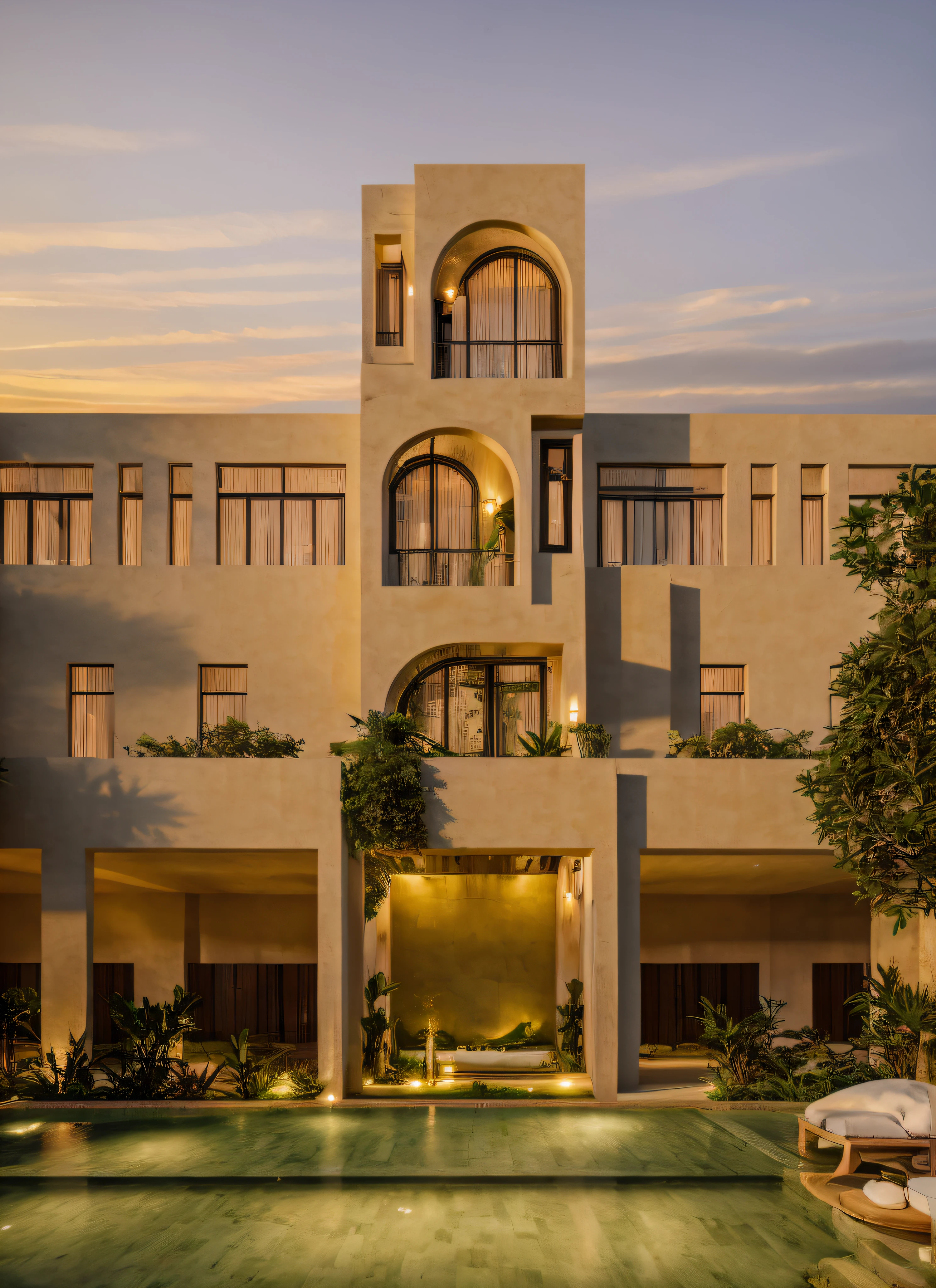 RAW photo, real, best quality, Neoclassic and luxurious villa inside a residential filled with green, scale, high details, sunset
