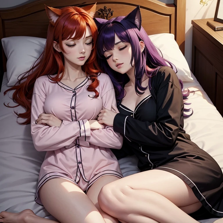 1 women on a bed, sleeping, cuddling each other, one with black and purple hair with cat ears , 1 other women with Red Hair and no cat ears , ginger hair, long hair , wavy hair, no cat ears , belle poitrine plantureuse, Cute Scene,pyjamas