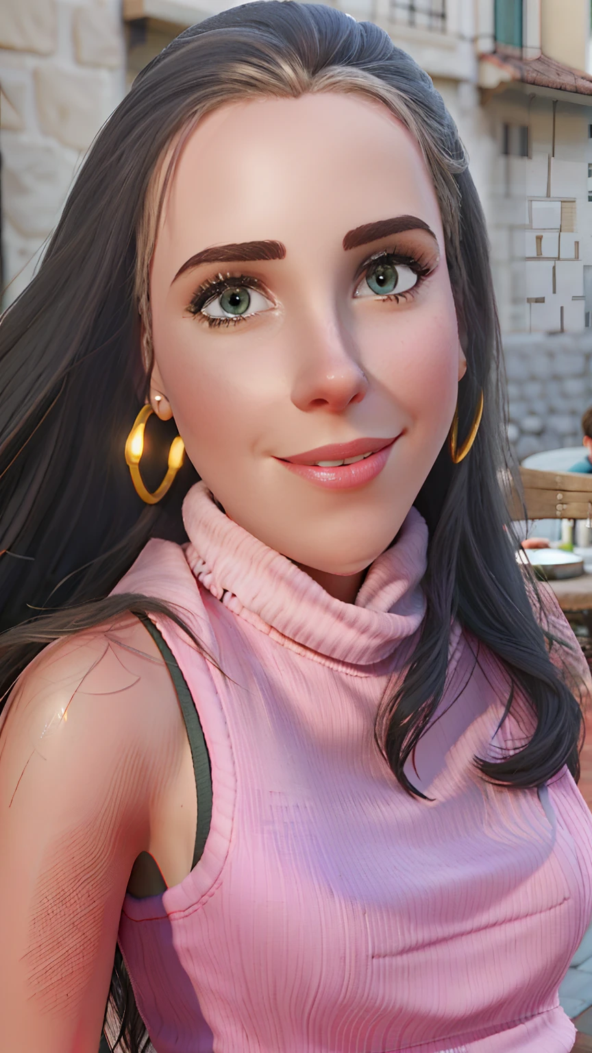 Beautiful athletic brazilian woman sitting and drinking coffee outside on the side of the street in a small café, beautiful face, cabelo longo loiro com franja rala e sombra pesada, vestindo roupas bonitas e elegantes, grande estilo de moda, looking at you with loving eyes and a soft smile, Background is a European city of the city center, fundo desfocado, profundidade de campo rasa, Cinematic light, luz suave, retroiluminado, micro-detalhes, renderizado, fotorrealista, cinemactic, 85mm 1.4
