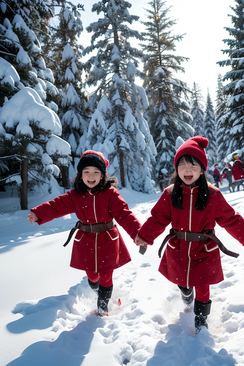 Snowy Frolic, Three Asian children playing in the snowy outdoors, dressed in red thick clothes and hats. The atmosphere is festive, prospect, depth of field, Children's Laughter, pixars, cartoon, High-Definition Rendering, Sharp Lines, Light and Shadow Details, High-Quality Illustration, Clarity in Composition, Warm Color Palette, 3D --ar 16:9 --niji 5 --s 750