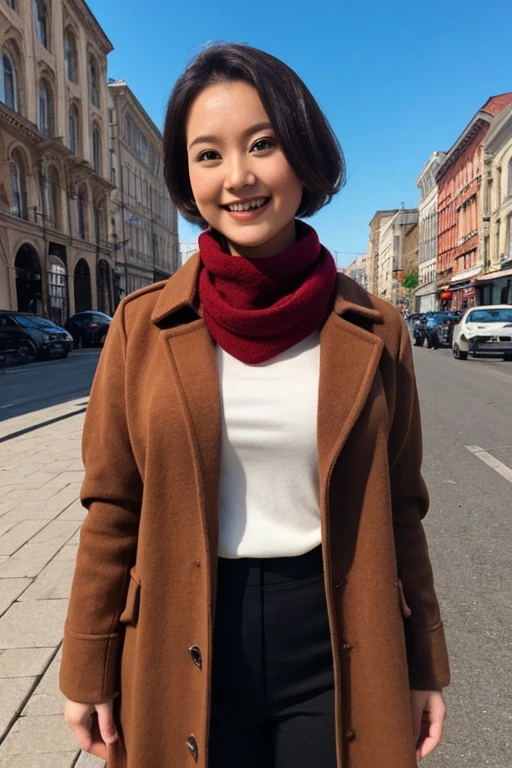 1girl, 30 years old, (brown long coat, turtleneck sweater, red scarf), short hair, large breast, (happy expression:0.6, dynamic pose:1.1), perfect anatomy, flawless face, perfect eyes, expresive eyes, look at viewer, 8K, photography, masterpiece, best quality, detailed, highly detailed, sharp focus, detailed face, (fullbody shot:1.3, v-shape compotition rules), (sunlight, natural lighting:1.1, feel light, accent lighting, professional lighting, best shadow), (warm color:1.2), (city, street, detailed background:1.2, SFW),