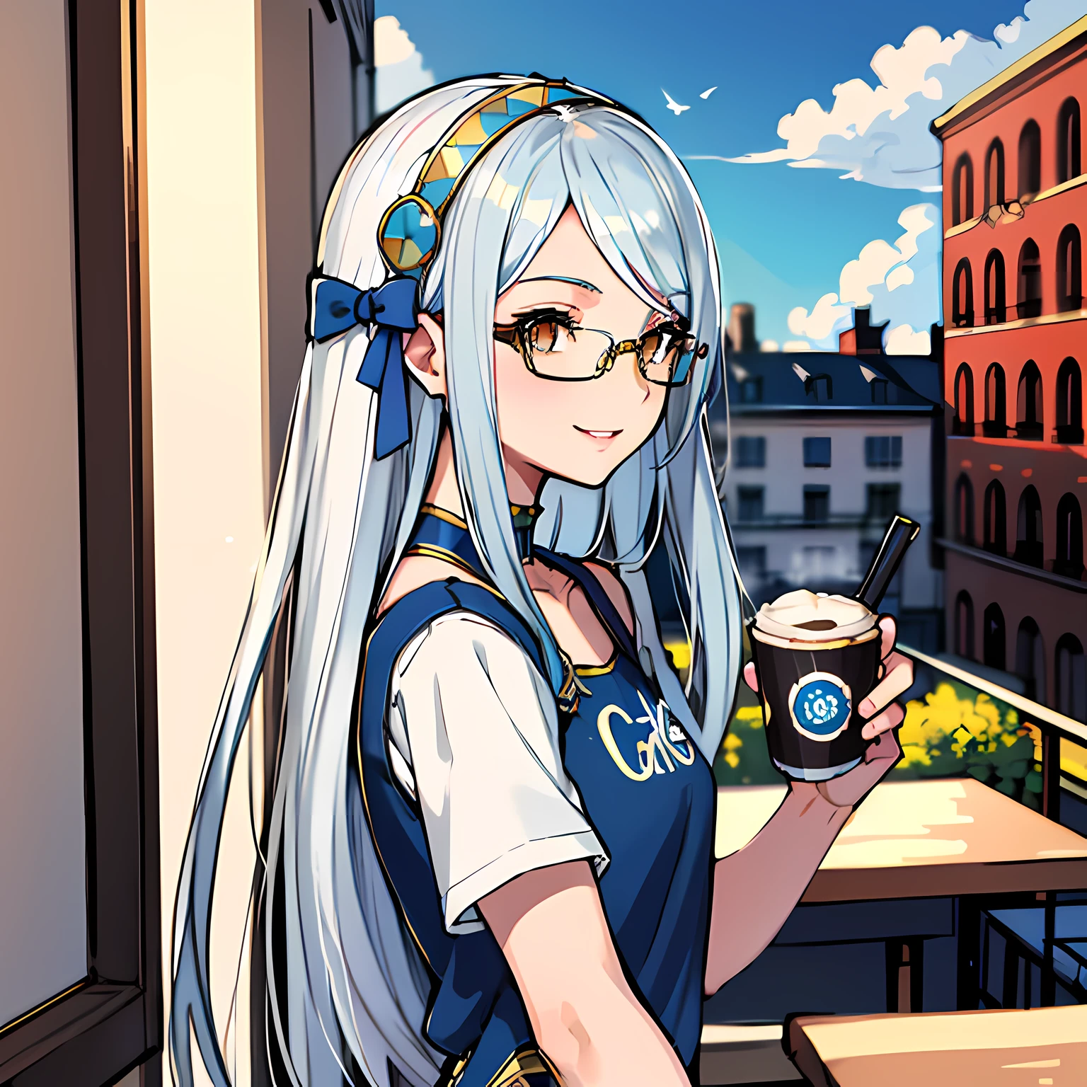 (absurdres, 8k, 4k, masterpiece, hyper extreme detailed:1.2), solo, 1girl, side view portrait, best quality, expressive eyes, perfect face, 1girl, portrait, solo, Female, mature female, adult, silver hair, brown eyes, light smile, blue hairbow, birds, small bust, long hair, straight hair, drawing, swept bangs, cowboy shot, half body, silver hair, expressive eyes, perfect eyes, cafe background, smile, glasses, artist, artistic, creative, creativity, passion, passionate, friendly, cafe background, blue skies, sun, clouds, window, azura \(fire emblem\), streetwear, sky blue t-shirt, graphic t-shirt,