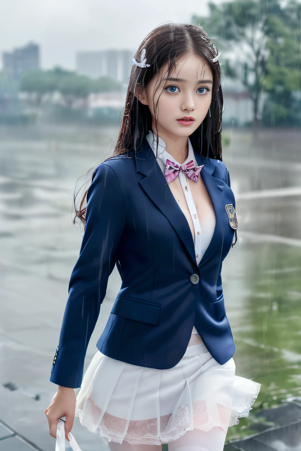 best qualtiy,tmasterpiece,hight resolution,1girll,dingdall effect,realisticlying,edge lit,two tone lighting,(highdetailskin:1.2),8K UHD,pure,Dolce,flowers background,Colorful background,Based on physical rendering,Perfect Light and Shadow,extreme hight detail,Pink tones,eye reflections,Raised sexy,perfect bodies,Superb Beauty,largeeyes,long eyelasher,Delicate eyes,(blue eyess)、big shiny eyes,Small pupil reflex,Shoulder and neck details,The texture of the pupil is delicate,Perfect eyes,black pupils,best qualtiy,tmasterpiece,16 K,a picture,head portrait,Bigchest,Medium size breasts,Delicate avatars,(( trotting through a lakeside park)),((female students、校服),((Wet Navy Blue Blazer、emblem on breasts))、)(Wet translucent white blouse)、(red bowtie,)(White flared skirt),(Black pantyhose),(Black loafers)、(Troubled face)、(Cloudy sky outside)、((Blowing in the rain and wind))、((Skirt soars)),(Lifted skirt),((White lace underwear is visible))、