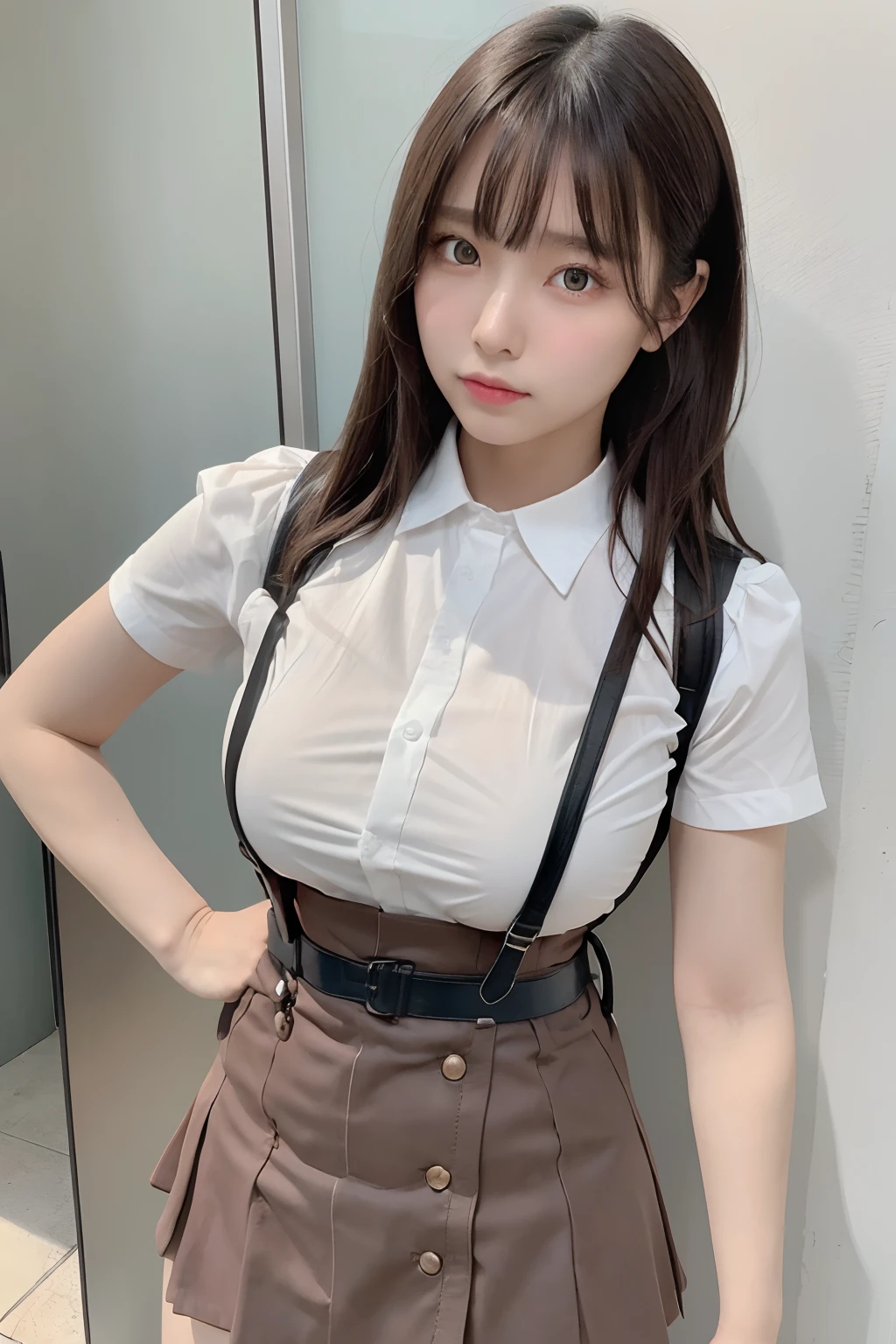 ​masterpiece、flat-colors、depth of fields、lens flare 1 girl、、Brown hair、watching at viewers　　　black suspenders　　　bulging big breasts　　　 　 Armpit sweat　perspiring　Side of both hands　　walls: 　Black miniskirt　garterbelts　　　　　　Gaze　　　Small face　Bangs Upper Eyes　flank　　Rat-colored eyes　　holster　　a belt