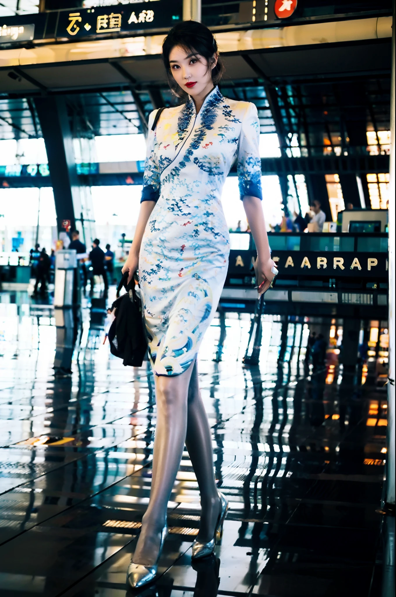 Stiletto heels，Single ball hairstyle，Heavy makeup，Redlip，White skin，mature，full bodyesbian，Long legs，You can see the whole body，Ultra-thin flesh-colored pantyhose，In the airport lobby，standing on your feet，Flight attendant cheongsam uniform