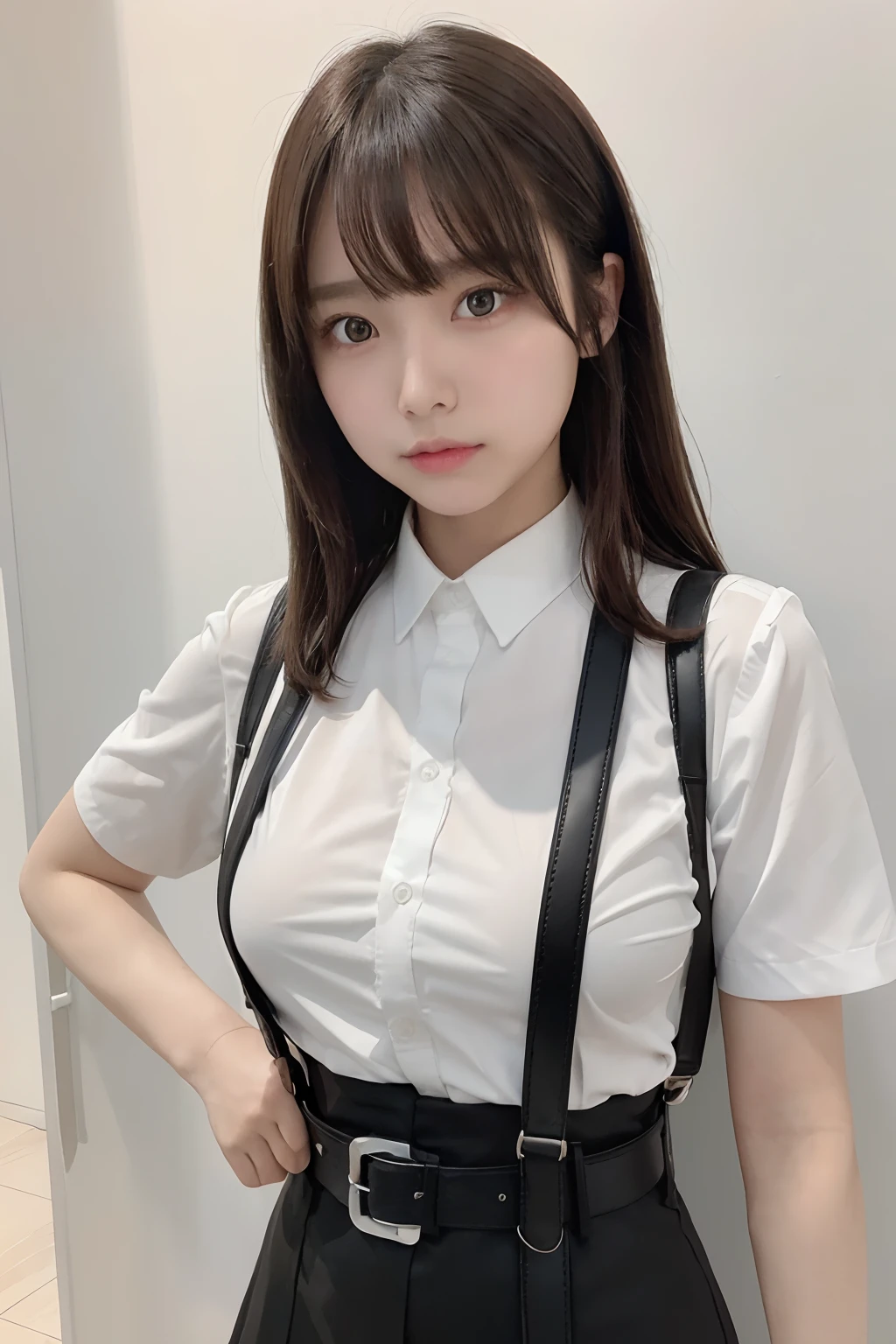 suspenders Large swollen breasts Black mini skirt garter belt Knee-high socks bangs Beauty Hands up Black boots one person Dress shirt Hands Behind Back put your hands behind your back With your hands behind your back Armament holster A room at the Belt Hotel Bed Wall side Armpit sweat Panty shot