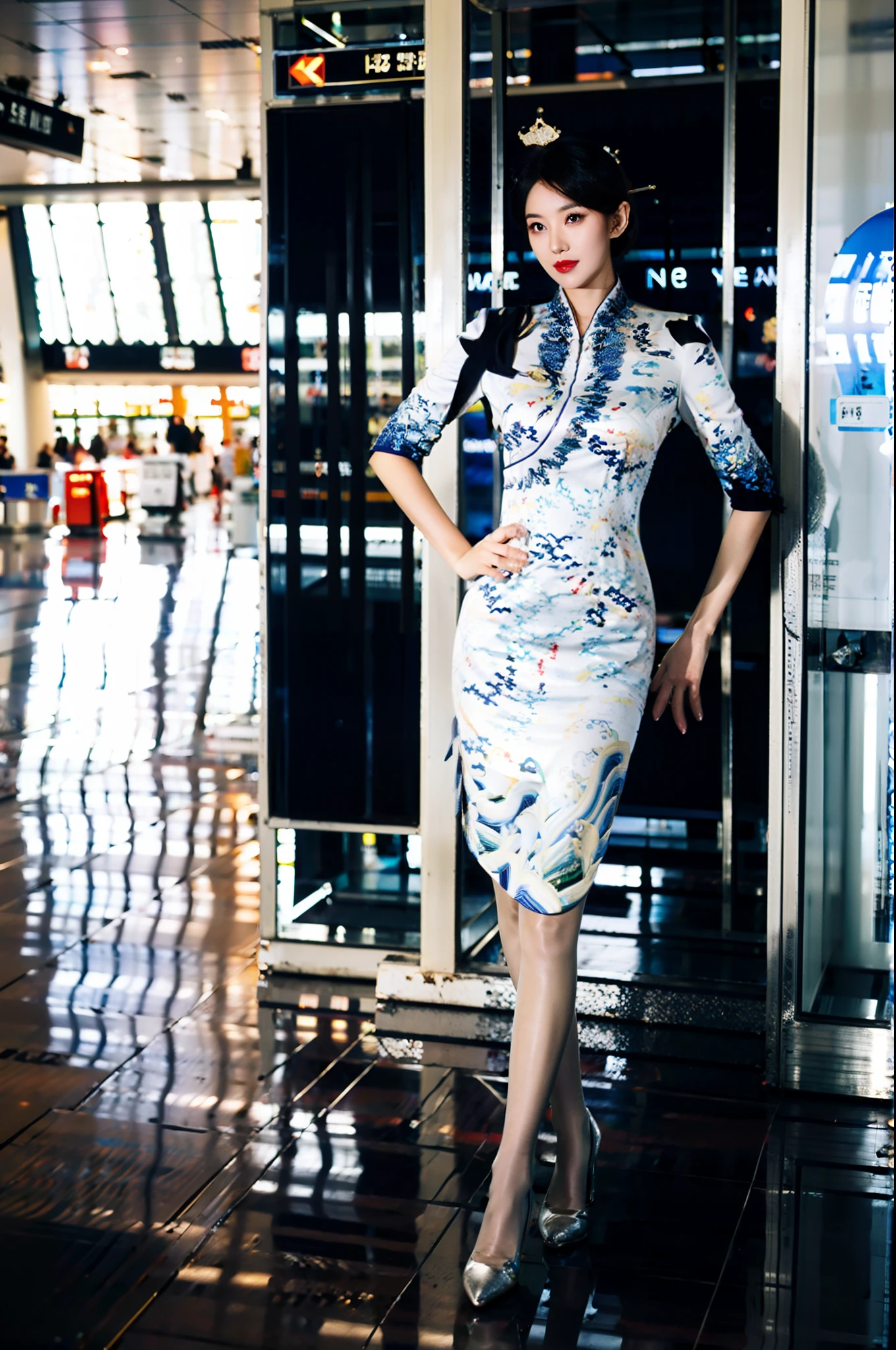 Stiletto heels，Single ball hairstyle，Heavy makeup，Redlip，White skin，mature，full bodyesbian，Long legs，You can see the whole body，Ultra-thin flesh-colored pantyhose，In the airport lobby，standing on your feet，Flight attendant cheongsam uniform