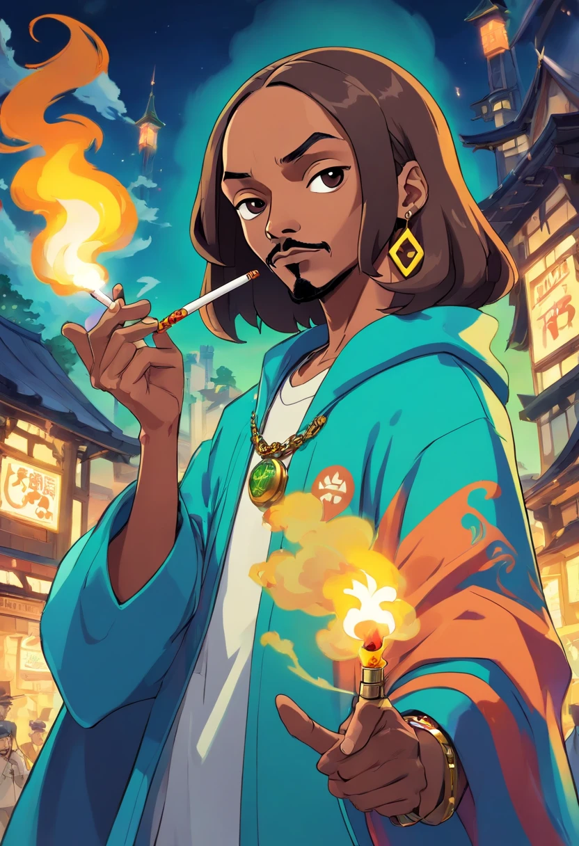 cartoon epic anime of snoop dogg as a mage smoking a magical joint, animation still screencap, style of jet set radio