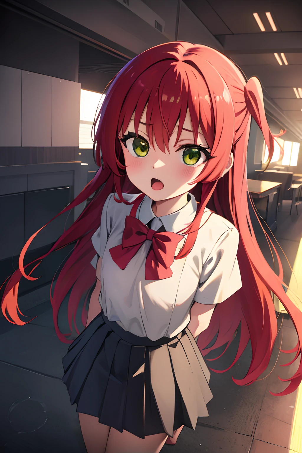 kitaikuyo, ikuyo kita, (green eyes:1.5), hair between eyes, long hair, one side up, red hair, (flat chest:1.2),
BREAK black footwear, black skirt, grey sailor collar, pleated skirt, sailor collar, school uniform, shoes, short sleeves, shuka high school uniform, skirt,,
BREAK looking at viewer,
BREAK indoors, classroom,
BREAK (masterpiece:1.2), best quality, high resolution, unity 8k wallpaper, (illustration:0.8), (beautiful detailed eyes:1.6), extremely detailed face, perfect lighting, extremely detailed CG, (perfect hands, perfect anatomy),up chest.big breasts.Sad face.open mouth.