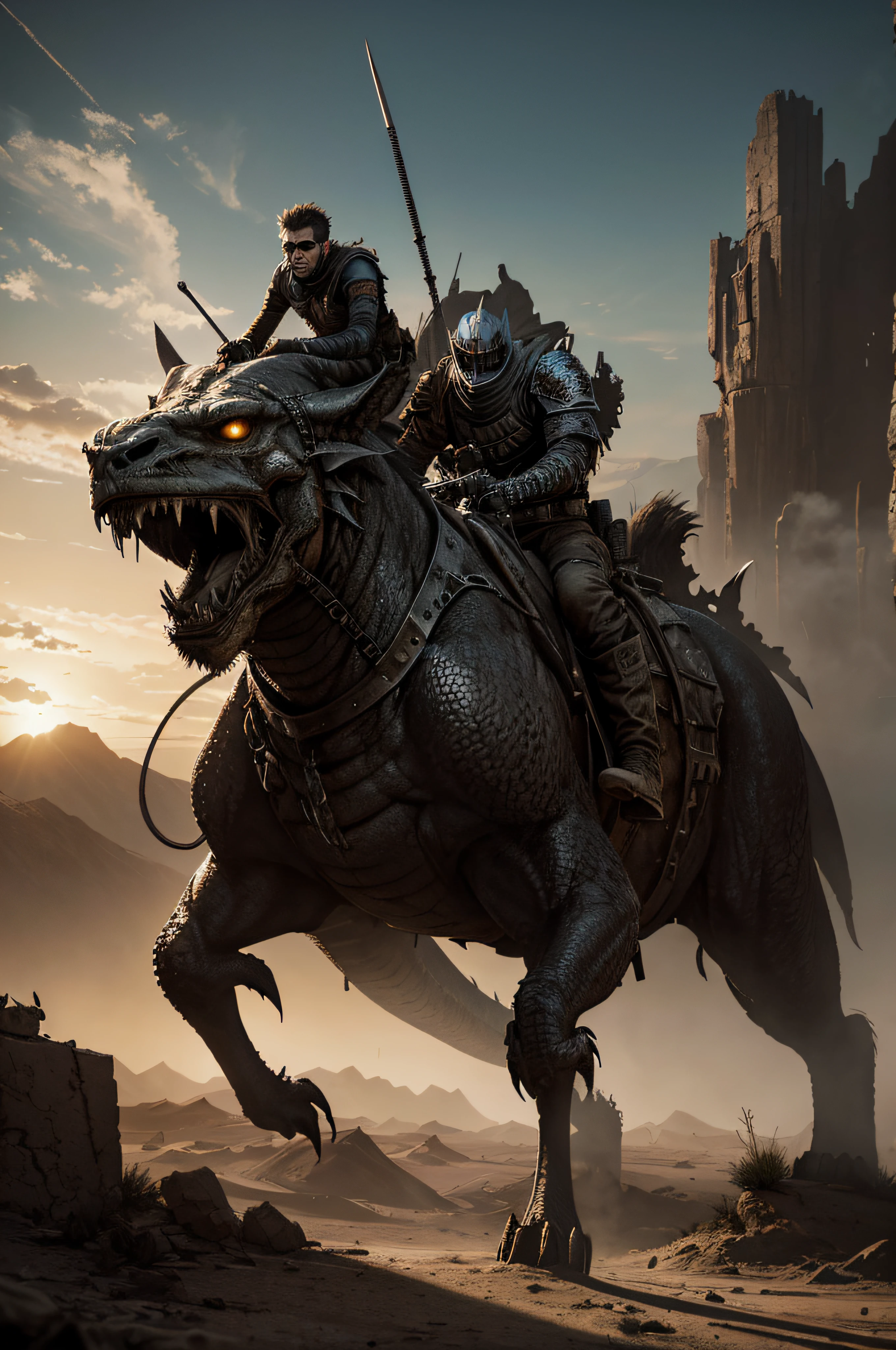 Create a dynamic album cover featuring a post-apocalyptic knight on a mountain bike dedicated to slaying a dragon, with a gritty Mad Max aesthetic. He infuses the scene with elements of chaos and desolation, emphasizing the knight's determination and ferocity. It features a huge strong panther as the knight's loyal companion, navigating the arid landscape. It incorporates mountain biker, industrial and dystopian elements, ensuring a visually striking composition that captures the intensity of the battle against the dragon in a world reminiscent of Mad Max. UHD