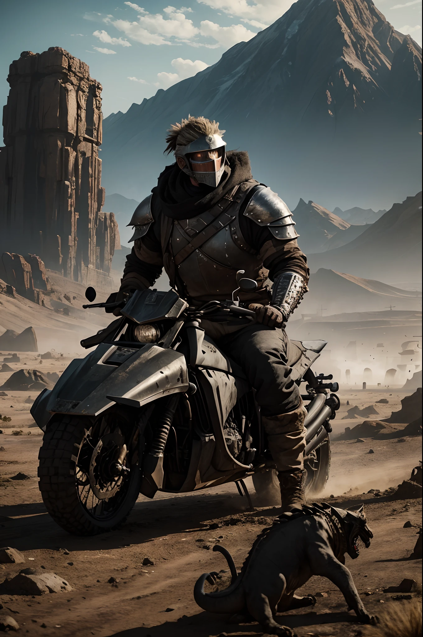 Create a dynamic album cover featuring a post-apocalyptic knight on a mountain bike dedicated to slaying a dragon, with a gritty Mad Max aesthetic. He infuses the scene with elements of chaos and desolation, emphasizing the knight's determination and ferocity. It features a huge strong panther as the knight's loyal companion, navigating the arid landscape. It incorporates mountain biker, industrial and dystopian elements, ensuring a visually striking composition that captures the intensity of the battle against the dragon in a world reminiscent of Mad Max.