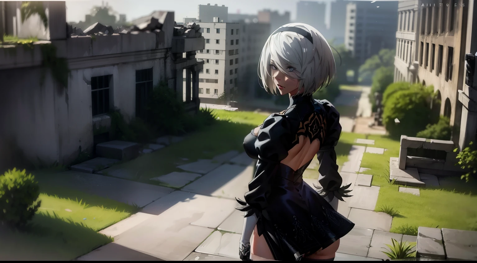 ass pov, Camera from above, Overhead view, There is only one girl in the frame, ass pov, close - up photo, It's working, fighting posture, sexypose, woods, Ruins, water fall, shapely legs, White Hair Bob, ashy hair, The eyes are covered with a bandage, Cyan eyes, black dress with a short skirt, short black skirt, Upskirt, neckline on the chest, white panty, black stockings, high black boots, high-heeled boots, very extremely beautiful, Small firm buttocks, Slender figure, Full-length(Body Full 1.1),Game nier automata, ruined city, The city, overgrown with plants, Ruins, high detail official illustrations, ((beautiful fantasy girl)),Red Small Breasts, Her breasts are sticking out from under her clothes, (Master Part: 1.2), Best Quality, High Resolution, photorealestic, photogenic, Unity 8k壁纸, (illustartion: 0.8), (Beautiful detailed bluish-gray eyes: 1.6), extremely detailed face, perfect lighting, extremely detailed CGI , (perfect arms, perfect anatomy), A girl with perfect breasts, beatiful face, master study, intricate details, Detalhes realistas, the anime, (Based on nier automata) the perfect body, The Perfect Girl, perfect details, Ultra HD |, 8K, Professional photo, Anime Style 2B,