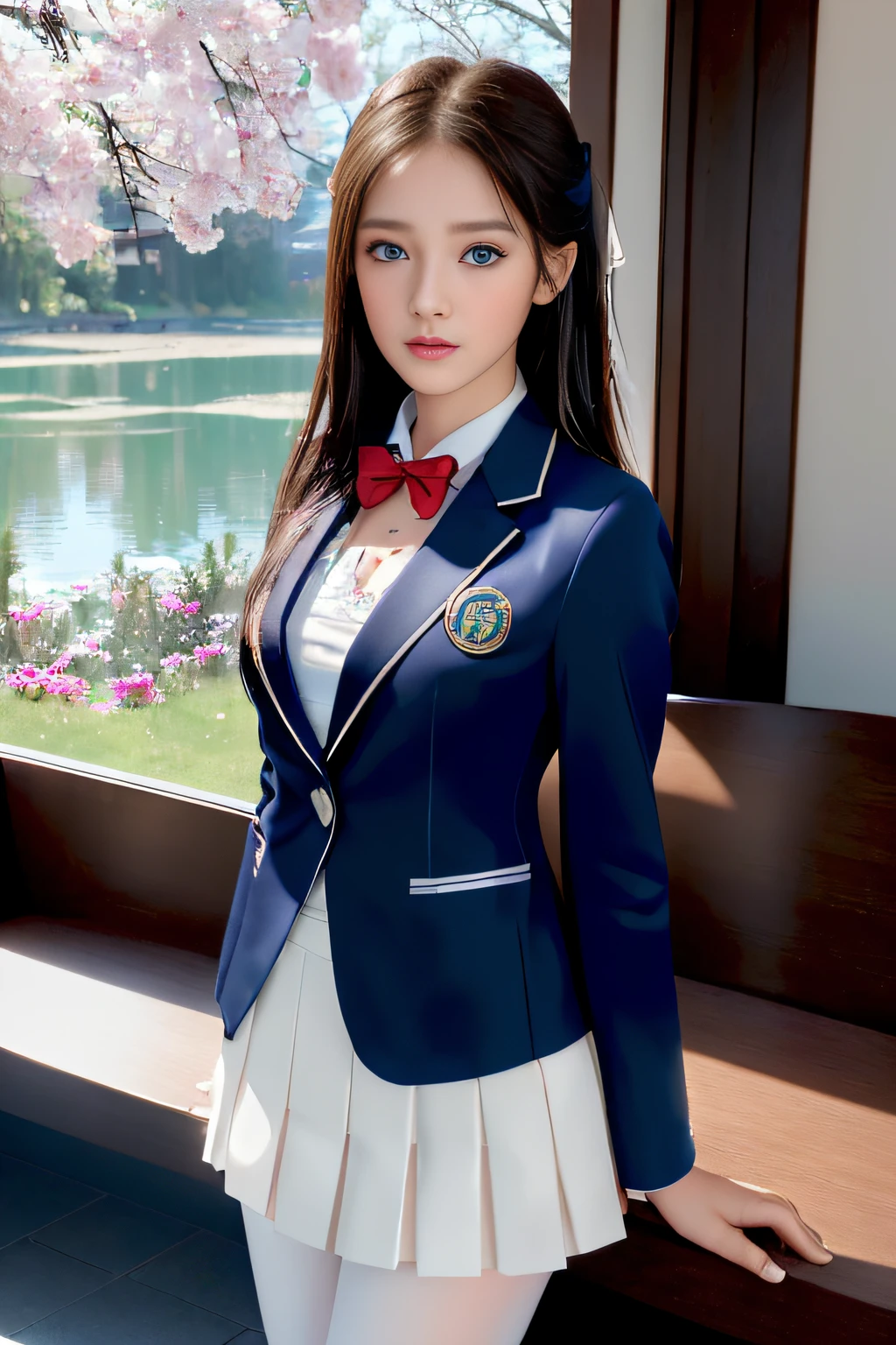 best qualtiy,tmasterpiece,hight resolution,1girll,dingdall effect,realisticlying,edge lit,two tone lighting,(highdetailskin:1.2),8K UHD,pure,Dolce,flowers background,Colorful background,Based on physical rendering,Perfect Light and Shadow,extreme hight detail,Pink tones,eye reflections,Raised sexy,perfect bodies,Superb Beauty,largeeyes,long eyelasher,Delicate eyes,(blue eyess)、big shiny eyes,Small pupil reflex,Shoulder and neck details,The texture of the pupil is delicate,Perfect eyes,black pupils,best qualtiy,tmasterpiece,16 K,a picture,head portrait,Bigchest,Medium size breasts,Delicate avatars,((Little girl standing in the waiting room by the lake)),((female students、校服),((Wet Navy Blue Blazer、Front opening、emblem on breasts))、)(Wet translucent white blouse)、(red bowtie,)(White flared skirt),(Black pantyhose),(Black loafers)、(Troubled face)、