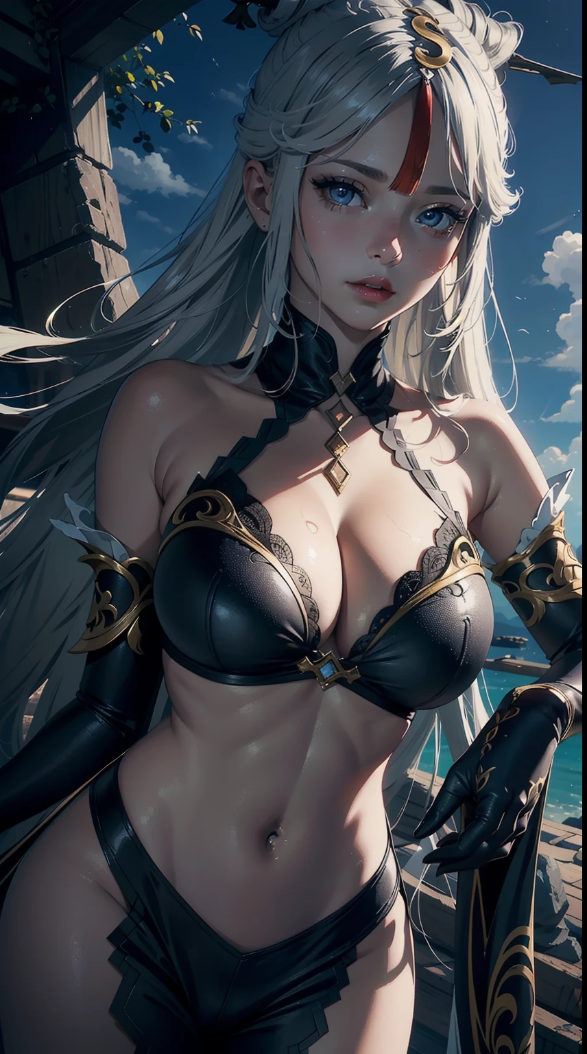 ((masterpiece)),(bestquality),((ultra-detailed)), ((beautiful detailed sky)), ((cinematic lighting)), depth of field, (dynamic angle),detailed lighting,(beautiful detailed eyes), large breast, sexy, cleavage, ningguangdef