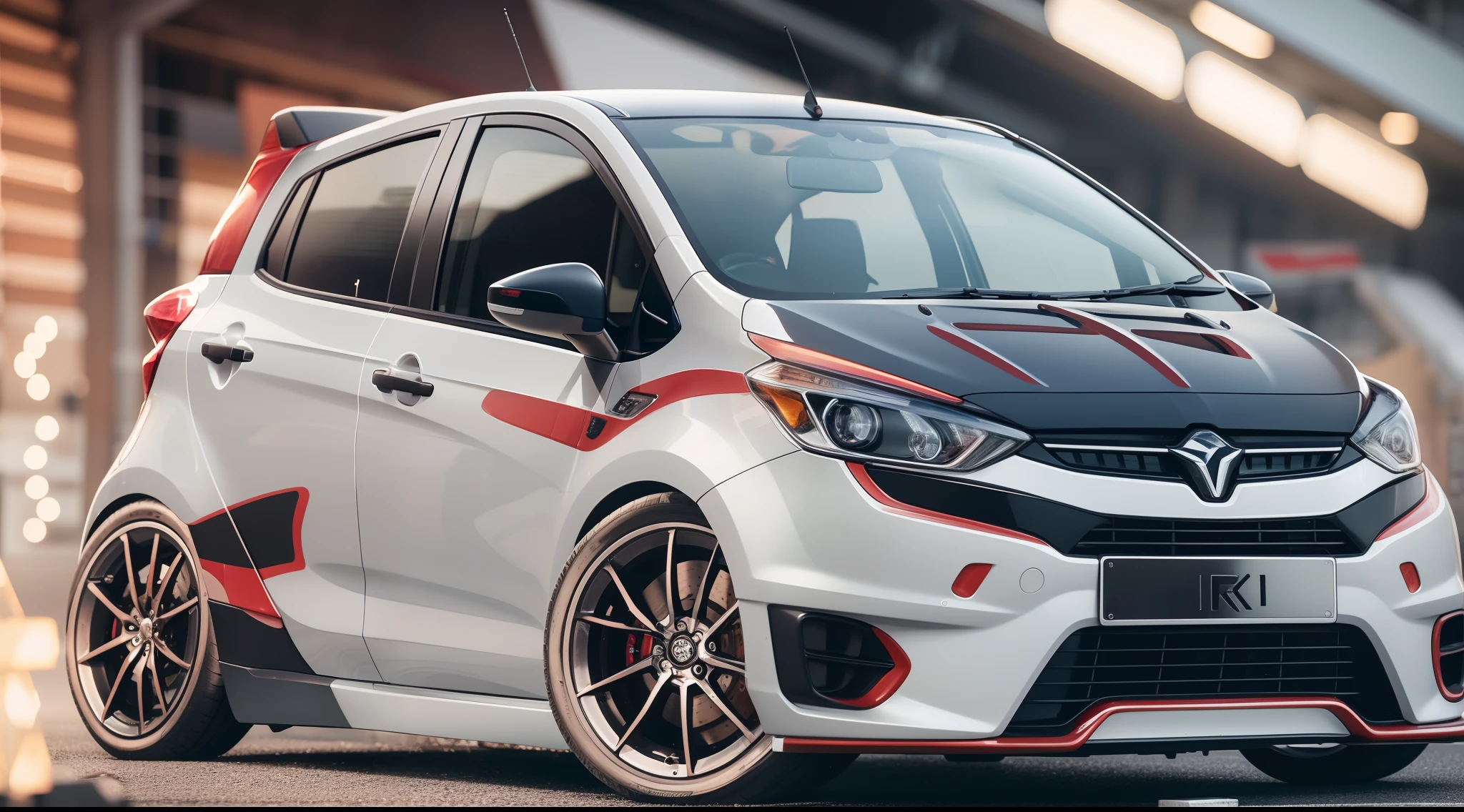 automotive advertising photography low-angle front-view of Proton-iriz compact-hatchback-car white color with bold wide-bodykit in garage setup, with anime girl character beside, proton car logo, proton-iriz, square-lamp, proton logo, 28mm lens, Establishing shot, deep focus cinematography effect, Natural Lighting, pastel color grading, high quality, ultra detail, 8k resolution,