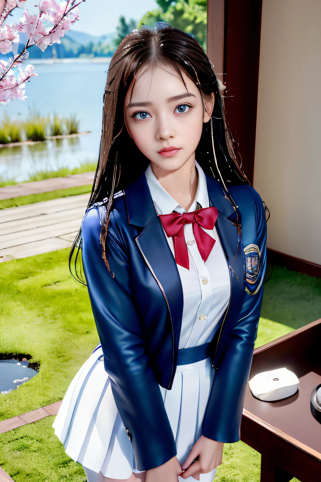 best qualtiy,tmasterpiece,hight resolution,1girll,dingdall effect,realisticlying,edge lit,two tone lighting,(highdetailskin:1.2),8K UHD,pure,Dolce,flowers background,Colorful background,Based on physical rendering,Perfect Light and Shadow,extreme hight detail,Pink tones,eye reflections,Raised sexy,perfect bodies,Superb Beauty,largeeyes,long eyelasher,Delicate eyes,(blue eyess)、big shiny eyes,Small pupil reflex,Shoulder and neck details,The texture of the pupil is delicate,Perfect eyes,black pupils,best qualtiy,tmasterpiece,16 K,a picture,head portrait,Bigchest,Medium size breasts,Delicate avatars,(( standing in the waiting room by the lake)),((female students、校服),((Wet Navy Blue Jacket、Front opening、emblem on breasts))、)(Wet translucent white blouse)、(red bowtie,)(White flared skirt),(Black pantyhose),(Black loafers)、(Troubled face)、((she is soaking wet)),(Wet hair)