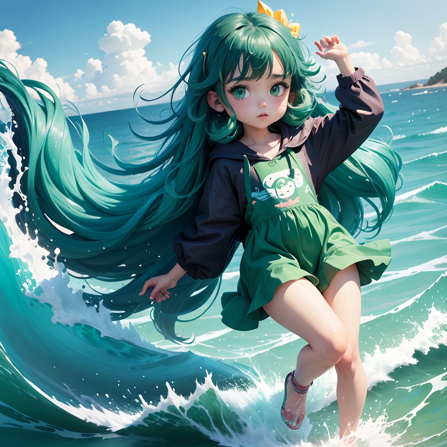 One ,cartoony,Outline thick lines,a color,Ocean Series,Long curly blue hair,The clothes are embellished with green,Character creation,Holding a big fish,Splashes