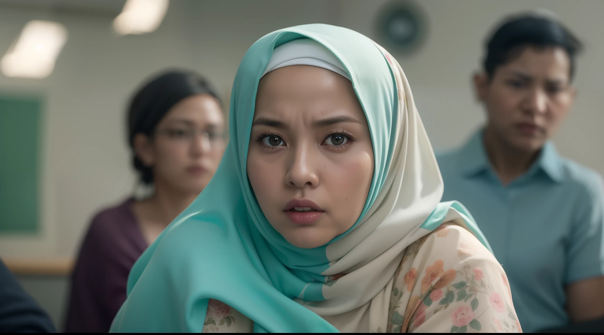 Beautiful fair skin matured malay girl in hijab seating in crowded meeting room angry, 60 years old, milf, angry pose, angry face, ultra detail face, detail skin texture and wrinkle, crowded meeting room, morning, wearing hijab, pastel color hijab, floral blue pastel office outfit, turquoise suits, small breast, flat chest, wide waist, beer belly, thick thighs, bright lighting, white lighting, dramatic lighting, high quality, cinematic movie shot angle and framing,