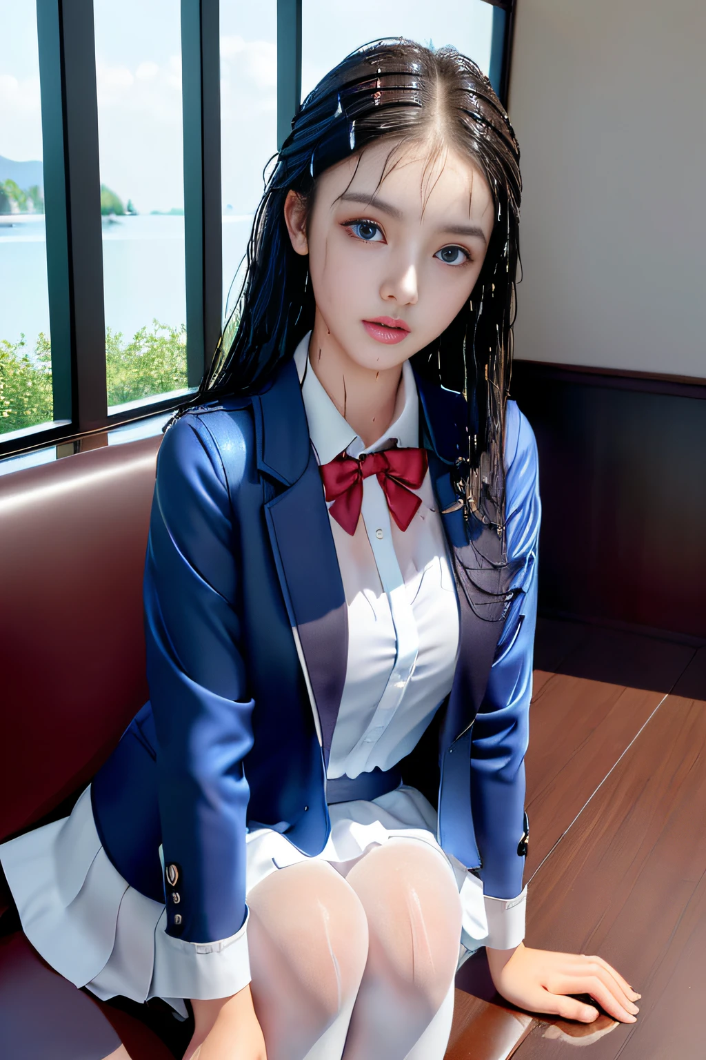 best qualtiy,tmasterpiece,hight resolution,1girll,dingdall effect,realisticlying,edge lit,two tone lighting,(highdetailskin:1.2),8K UHD,pure,Dolce,flowers background,Colorful background,Based on physical rendering,Perfect Light and Shadow,extreme hight detail,Pink tones,eye reflections,Raised sexy,perfect bodies,Superb Beauty,largeeyes,long eyelasher,Delicate eyes,(blue eyess)、big shiny eyes,Small pupil reflex,Shoulder and neck details,The texture of the pupil is delicate,Perfect eyes,black pupils,best qualtiy,tmasterpiece,16 K,a picture,head portrait,Bigchest,Medium size breasts,Delicate avatars,((Little girl standing in the waiting room by the lake)),((female students、校服),((Wet Navy Blue Jacket、Front opening、emblem on breasts))、)(Wet translucent white blouse)、(red bowtie,)(White flared skirt),(Black pantyhose),(Black loafers)、(Troubled face)、((she is soaking wet)),(Wet hair)