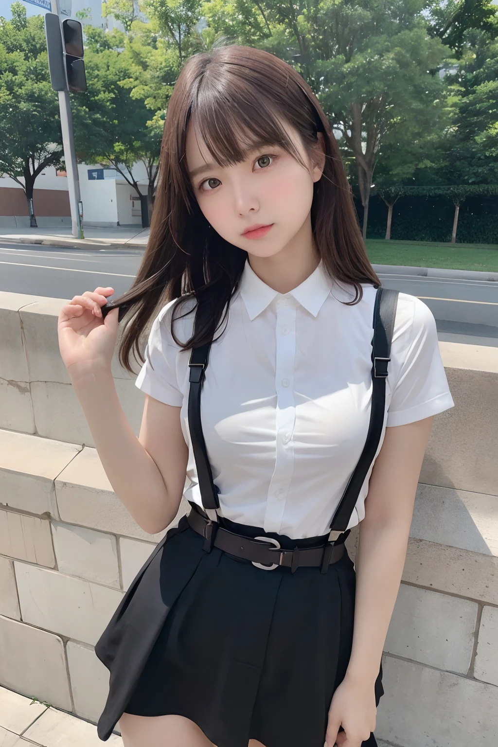 ​masterpiece、flat-colors、depth of fields、lens flare 1 girl、、Brown hair、watching at viewers　　　black suspenders　　　bulging big breasts　　　 　 Armpit sweat　perspiring　Side of both hands　　walls: 　Black miniskirt　garterbelts　　　　　　Gaze　　　Small face　Bangs Upper Eyes　flank　　Rat-colored eyes　　holster　　a belt