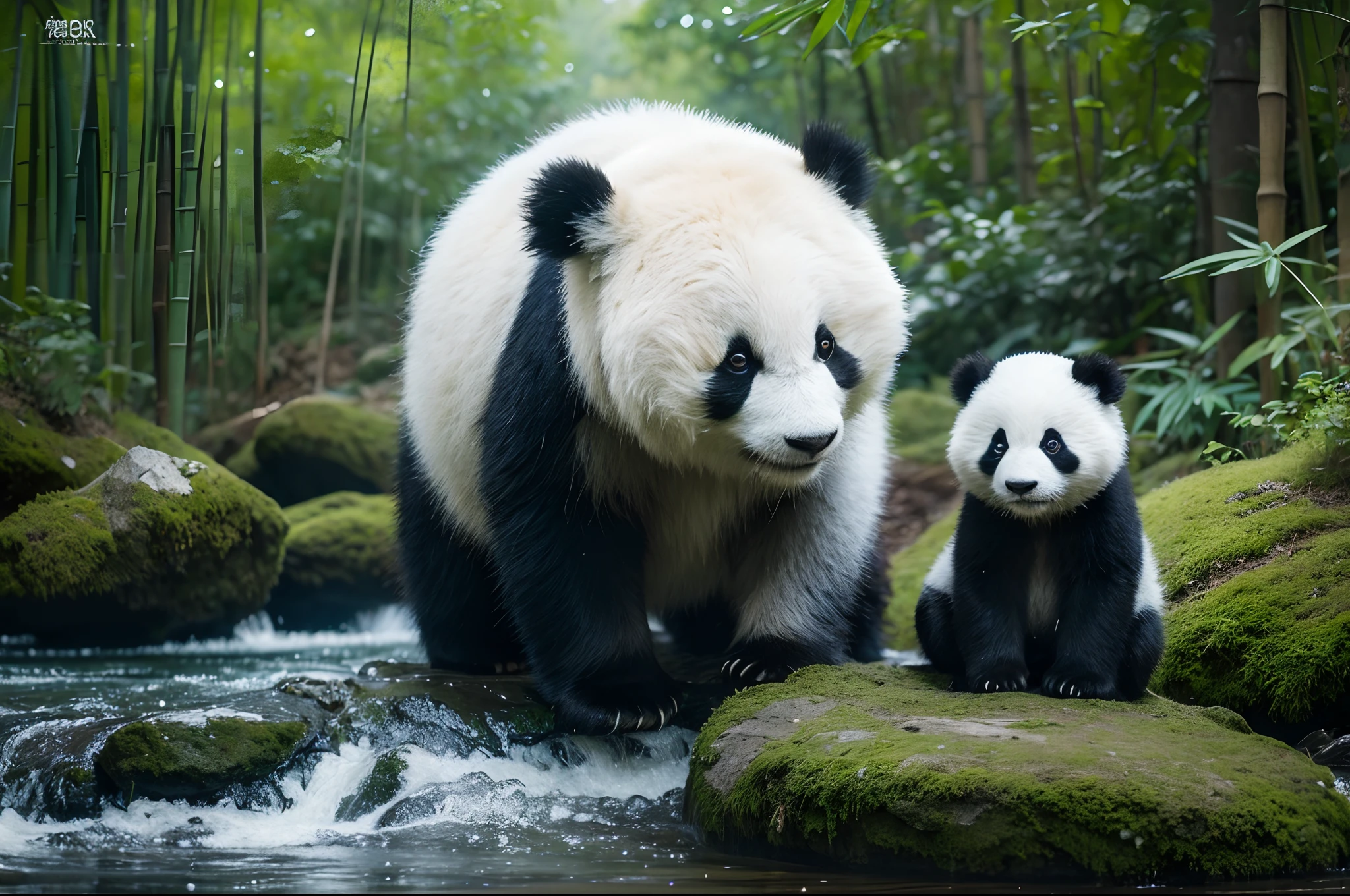 The panda sits on the right side of the frame,sitting on the stone,at a forest,Eating bamboo,VrayStyle,romantic soft focus and ethereal light,highly detailed environments,miniaturecore,Low depth of field,k hd,the detail,8K,Conceptual art style,furnace,montage,Motion blur panorama,realistic blue skies,Solomon van Ruisdal,松下Lumix S Pro 50mm F / 1.4 styles,overlooks,Photoquality,very detailed photo,Ultra Realistic Photo,the detail,8K,k hd