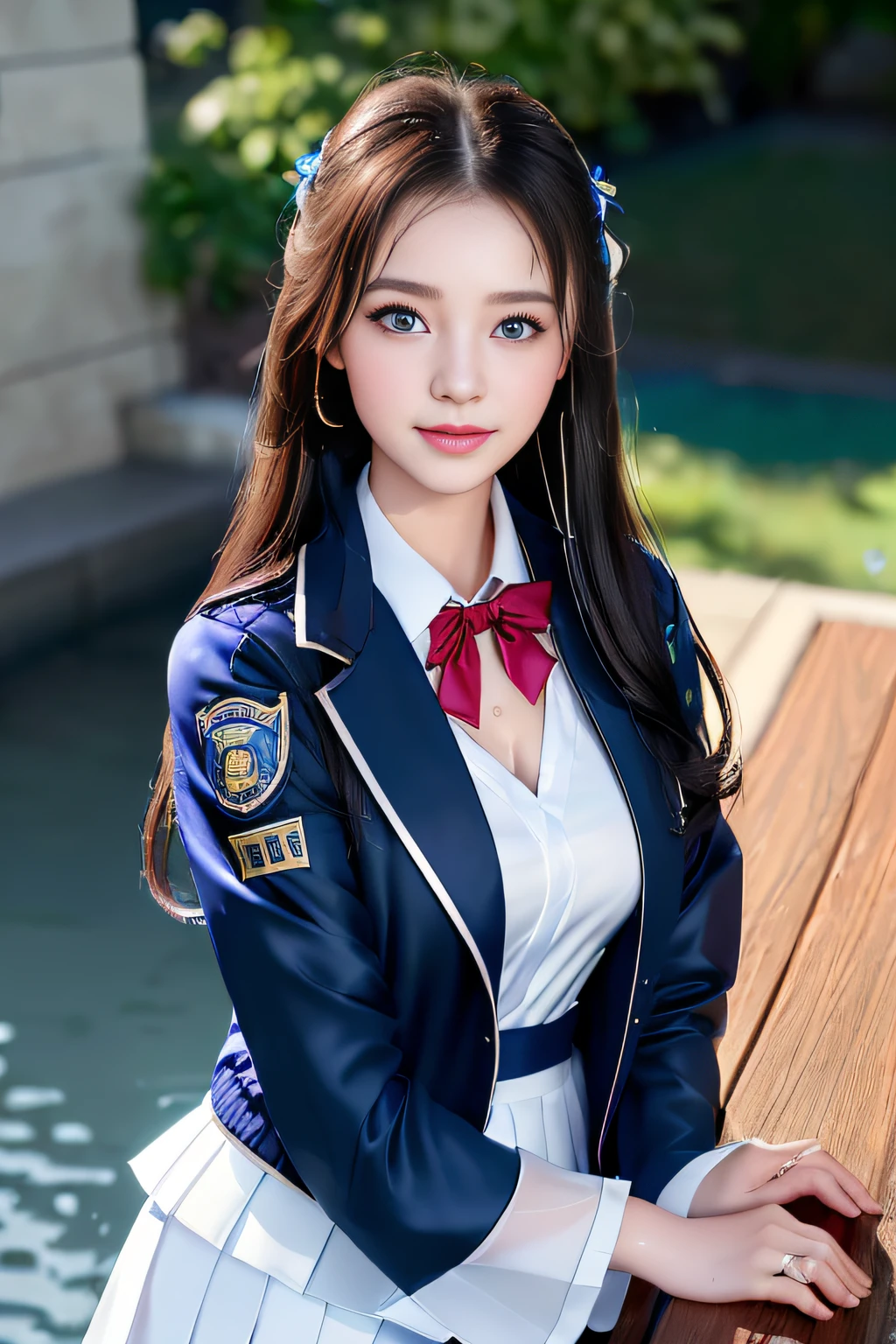 best qualtiy，tmasterpiece，hight resolution，1girll，dingdall effect，realisticlying，edge lit，two tone lighting，（highdetailskin：1.2），8K UHD，pure，Dolce，flowers background，Colorful background，Based on physical rendering，Perfect Light and Shadow，extreme hight detail，Pink tones，eye reflections，Raised sexy，perfect bodies，Superb Beauty，largeeyes，long eyelasher，Delicate eyes，(blue eyess）、big shiny eyes，Small pupil reflex，Shoulder and neck details，The texture of the pupil is delicate，Perfect eyes，black pupils，best qualtiy，tmasterpiece，16 K，a picture，head portrait，Bigchest，Medium size breasts，Delicate avatars,((Little girl standing in the waiting room by the lake)),((female students、校服),((Wet Navy Blue Jacket、Front opening、emblem on breasts))、）（Wet translucent white blouse）、(red bowtie,)(White flared skirt),(Black pantyhose),(Black loafers)、(a smile)、((she is soaking wet)),