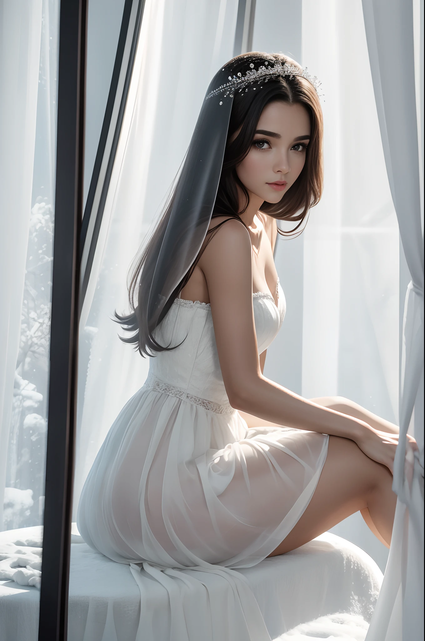 O realista de uma bela mulher nua mista com tom de pele claro com longos cabelos castanhos claros cacheados, Sitting at a glass table in a snow white room with white walls and curtains People are staring at her.