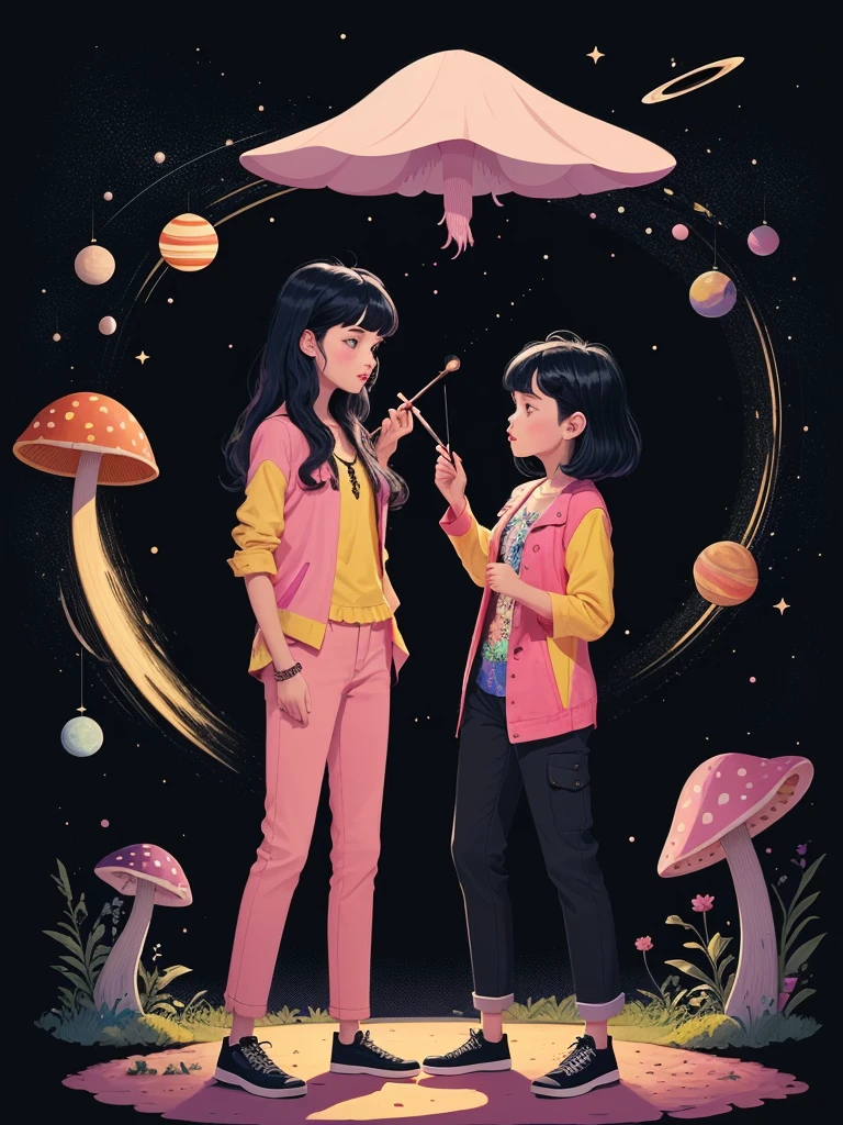 Create an illustration of a vibrant, alien landscape with a pink sky, black space filled with stars and planets, and alien plants in the background. On the ground, there are mushrooms. In the scene, there are two girls. One girl has medium-length black hair with bangs and is playing a guitar. The other girl has longer hair with curtain bangs and full lips. She is holding a small magic wand and casting a spell, with magical dust emanating from the wand's tip. Both girls are dressed in colorful clothing, with one wearing long trousers and the other wearing short trousers. The style of the illustration should be 2D pop art, and it should be filled with vibrant colors.