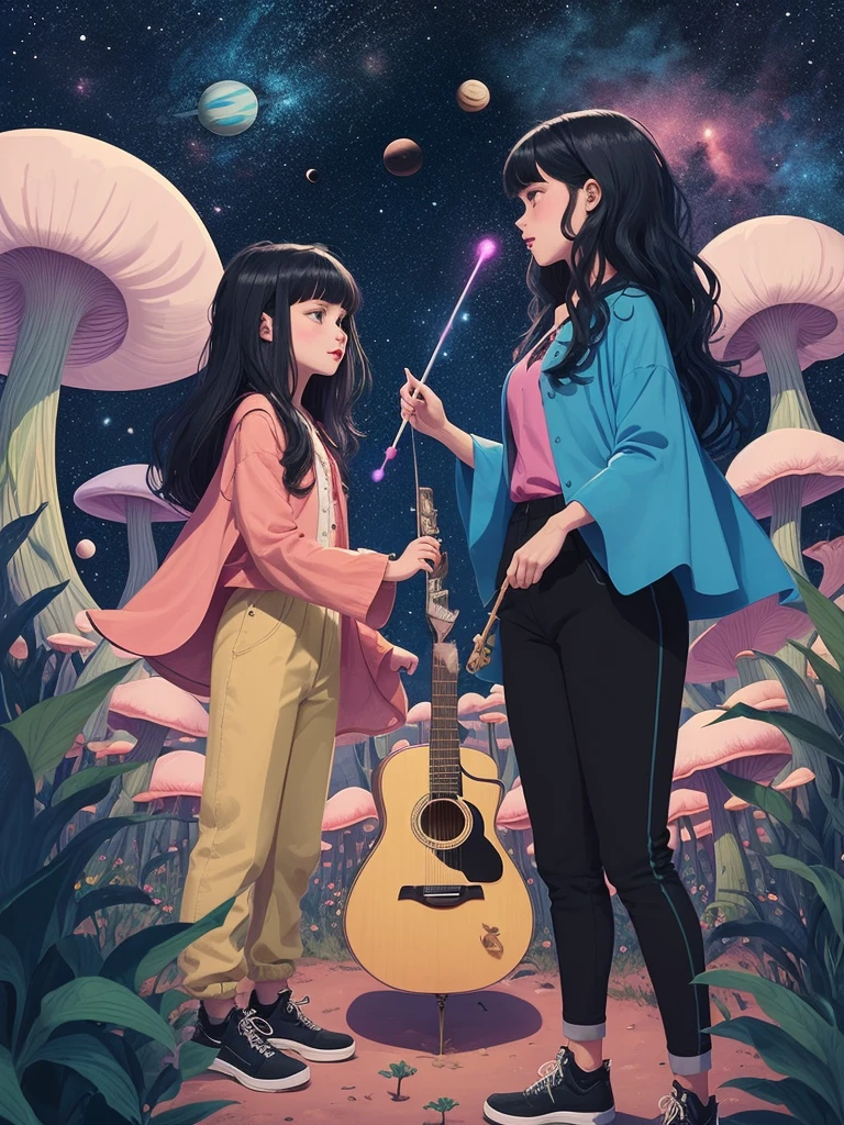 Create an illustration of a vibrant, alien landscape with a pink sky, black space filled with stars and planets, and alien plants in the background. On the ground, there are mushrooms. In the scene, there are two girls. One girl has medium-length black hair with bangs and is playing a guitar. The other girl has longer hair with curtain bangs and full lips. She is holding a small magic wand and casting a spell, with magical dust emanating from the wand's tip. Both girls are dressed in colorful clothing, with one wearing long trousers and the other wearing short trousers. The style of the illustration should be 2D pop art, and it should be filled with vibrant colors.