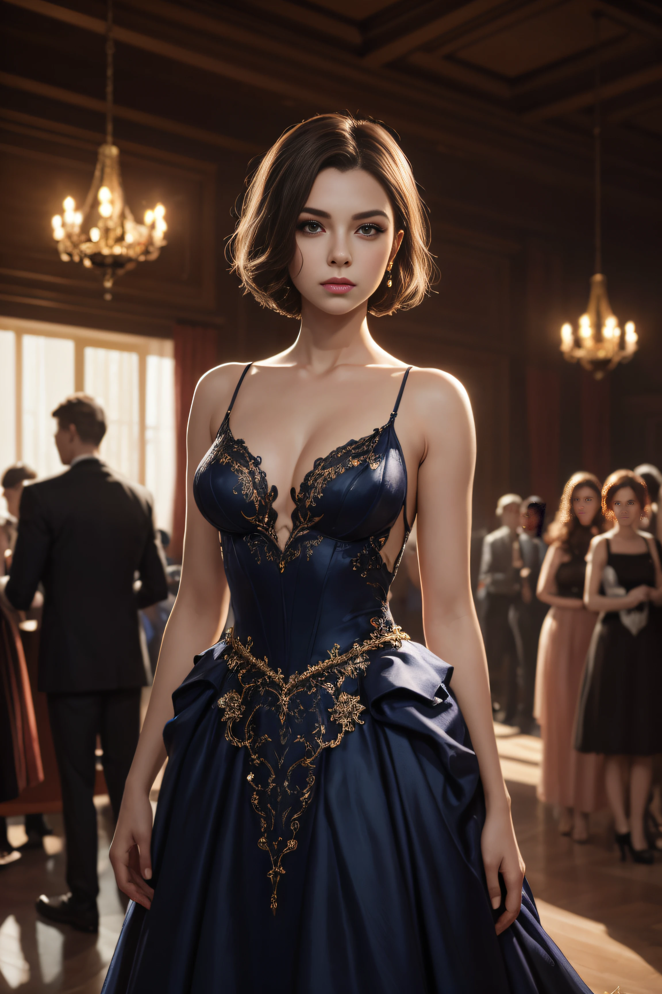 Charli D'Amelio, wearingelegant ball gown, standing inside a crowded ballroom, character portrait, 4 9 9 0 s, short hair, intricate, elegant, highly detailed, digital painting, artstation, concept art, smooth, sharp focus, illustration, art by wlop, charlie bowater and alexandra fomina