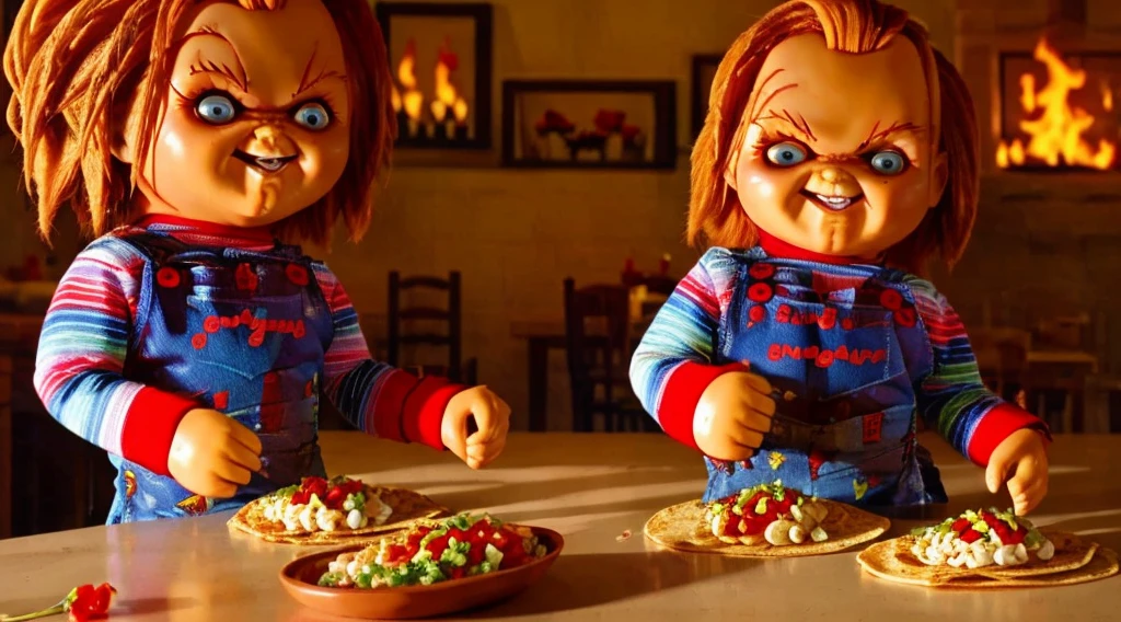 Chucky making tacos, mandil de taqueros, letrero diciendo "Tacos El Chucky"