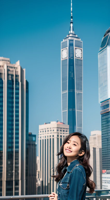 (masutepiece:1.2) (Best Quality) (Detailed) (Convoluted) (8K) (nffsw) (Wallpaper) (Cinematic lighting) (Sharp Focus),1girl in,  Skyscraper, Cityscape, felis_Wheel, Blue_skyporn, city, racket, skyporn, blush, sky line, On the rooftop, architecture, Smile, day, east_Asian_architecture, lens_f lare, tower, Bridge,  Closed mouth, high quality image of the whole body, realisitic_newyork_location,