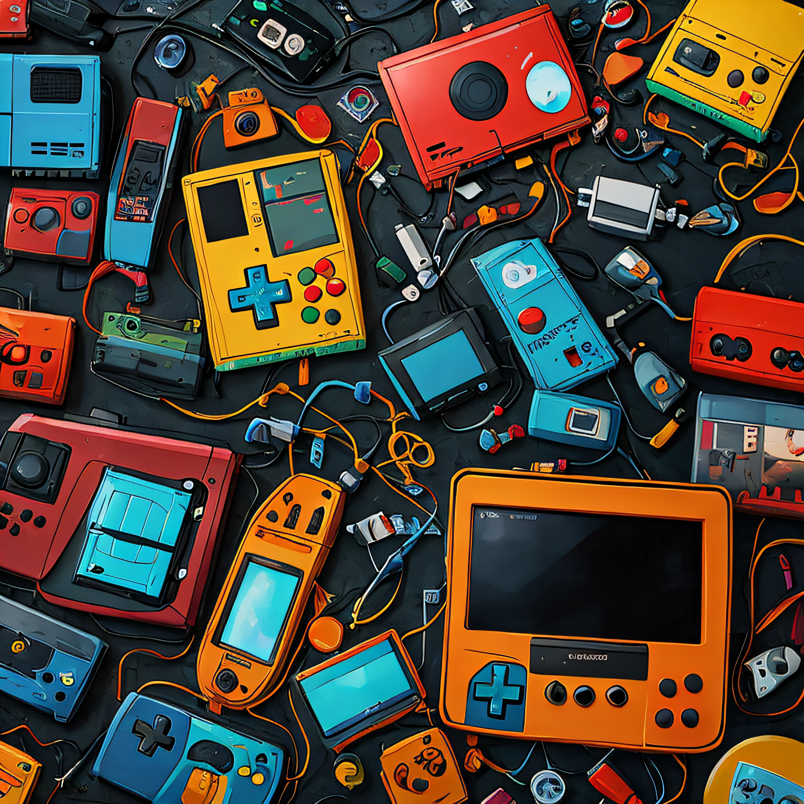 There are a lot of different colored video game consoles all together, consoles de videogame, retro gaming, detailed game art illustration, fundo do videogame, item de videogame, textura de videogame, retro game, arte digital de videogame, arte detalhada do jogo, arte de jogos de computador, Retro Technology, retro art, dispositivo retro, mobile game art, Retro Technology, 2 D arte de videogame digital