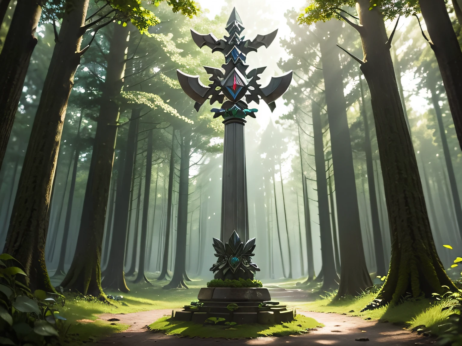 Zelda Style Scenery, in the forest, cobblestones, sunlight filtering through the leaves on the sword, (the master sword stuck vertically on the triangular pedestal: 1.5), (Masterpiece), (Best Quality), (Ultra high Detailes)