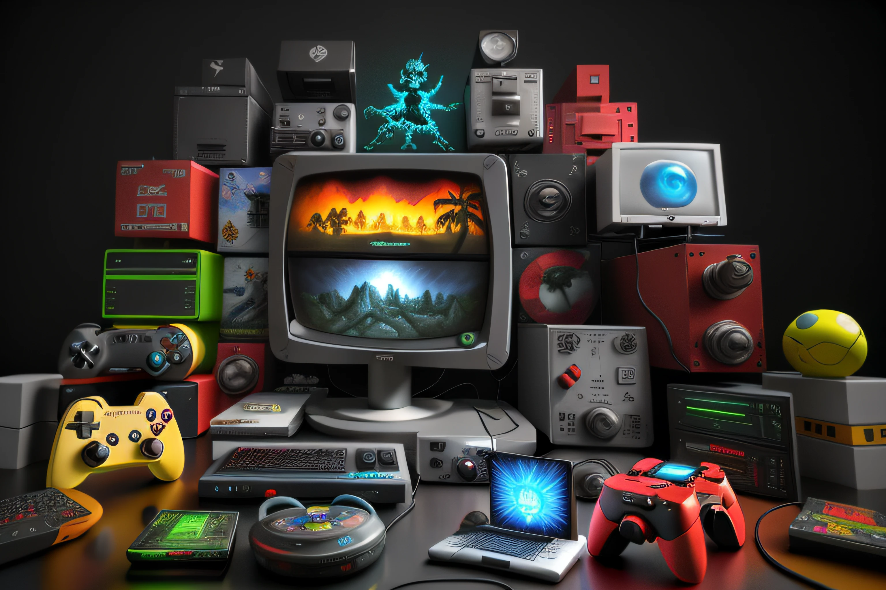 Existem muitos tipos diferentes de controladores de videogame na mesa, consoles de videogame, item de videogame, arte de jogos de computador, detailed game art illustration, fundo do videogame, arte digital de videogame, retro gaming, Cartaz de videogame, retro game, Retro Technology, Altamente detalhado Hyper Real Retro, videogame 3d render, many electronics, retro art, 3 d videogame render